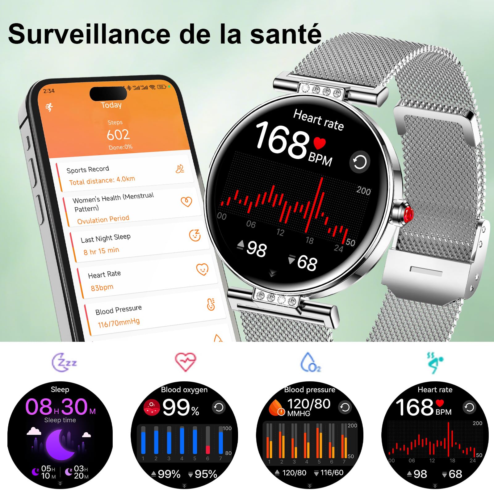 Montre Connectée Pour Femmes Petit Cadran Rond avec Fonction Téléphone Sport Surveillance de la Santé Notifications Par Application Suivi d'activité Bluetooth étanche pour Android IOS (Argenté)