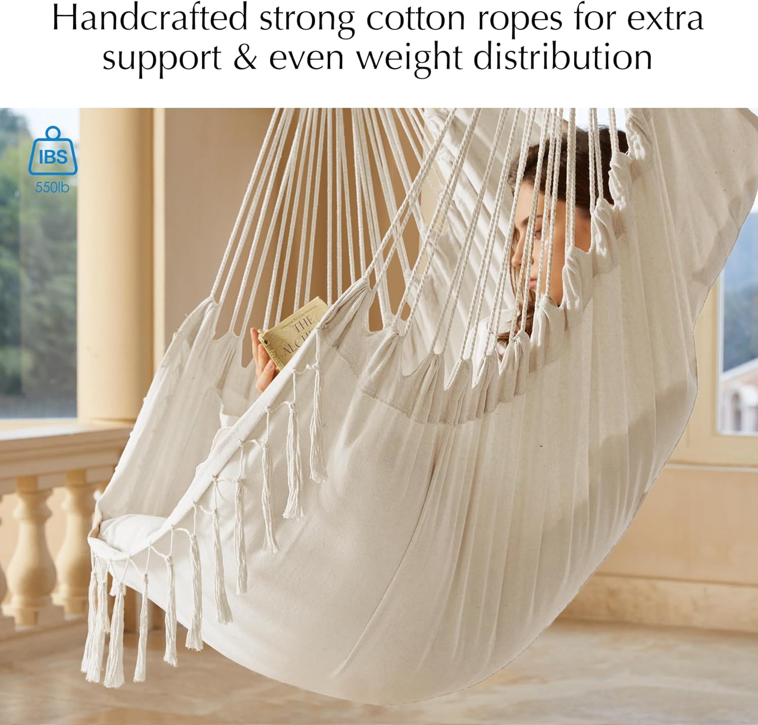 PNAEUT Hammock Chair with Tassel Hanging Rope Swing for Outside Indoor for Bedroom, Outdoor, Patio (Natural with Tassels)