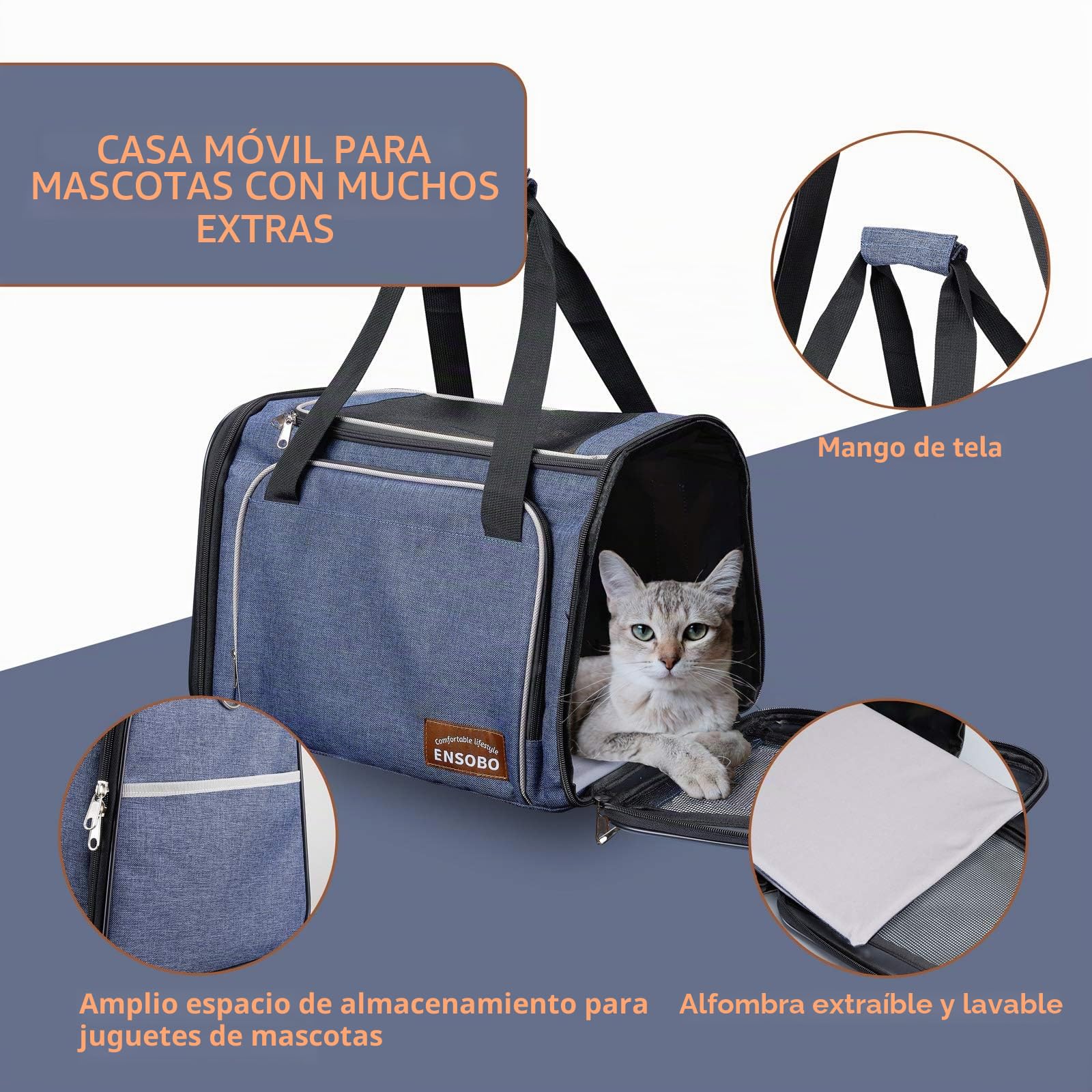 Transportín Gato Perro, ENSOBO Material de Mezclilla Resistente a Los Arañazos Bolsa de Transporte Para Gatos, Transportín para Mascotas Aerolínea Aprobado, Transporte de Gato para Viajes cómodos