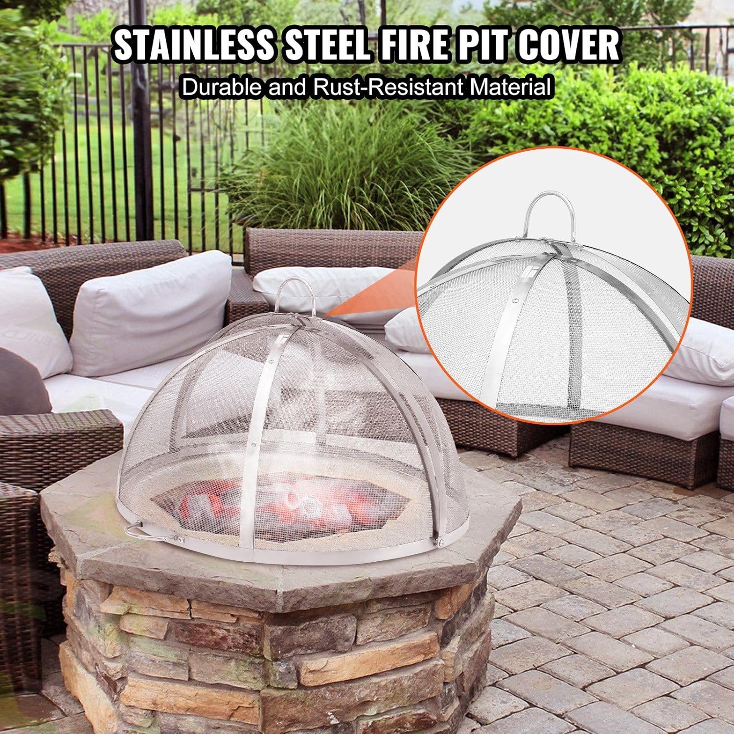 36" Diameter Fire Pit Spark Screen Lid, Heavy Duty Stainless Steel Mesh Cover with Dual Handles for Outdoor Patio, Backyard and Camping Fire Pits