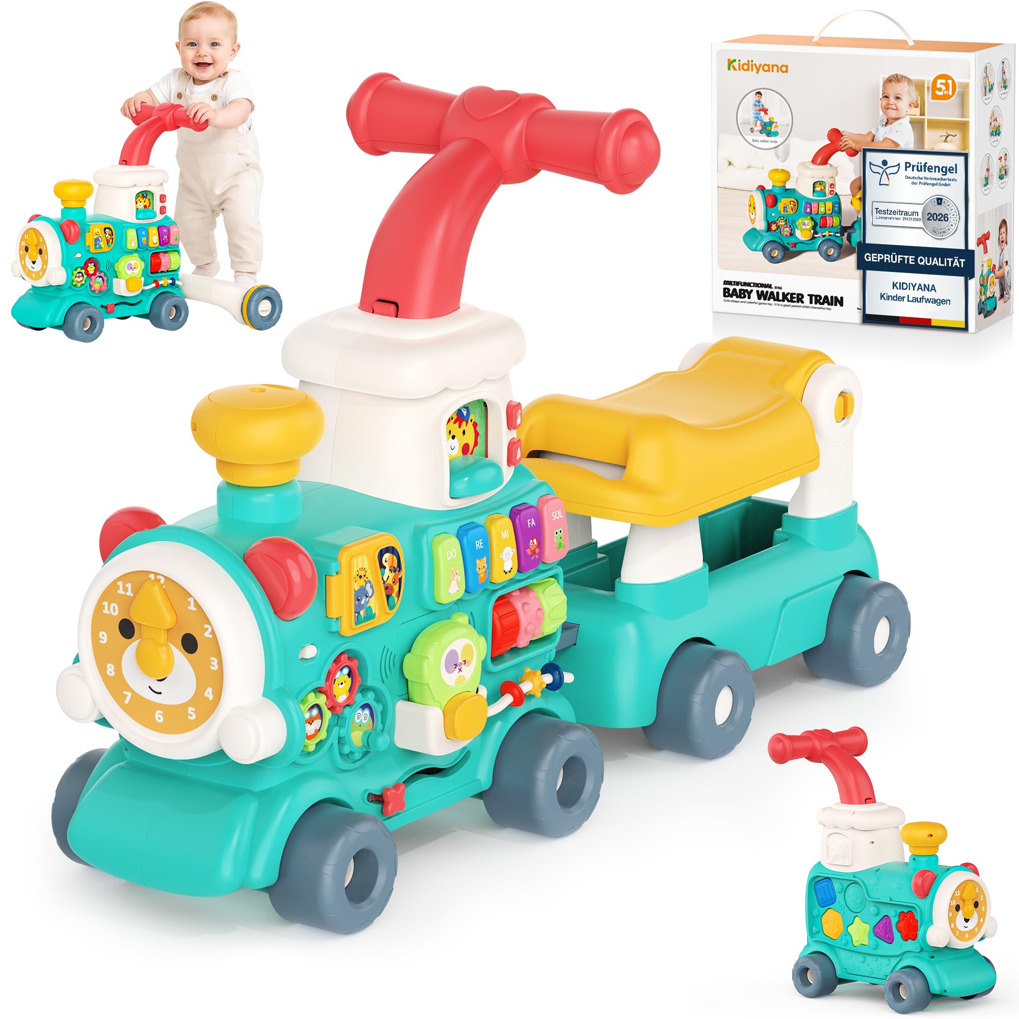 5in1 multifunktionaler Lauflernwagen ab 6 Monaten, Baby Walker Zug mit Aktivitätszentrum, Musik und Sprühfunktion, interaktive Lauflernhilfe, Schiebespielzeug, Motorik- und Lernspielzeug