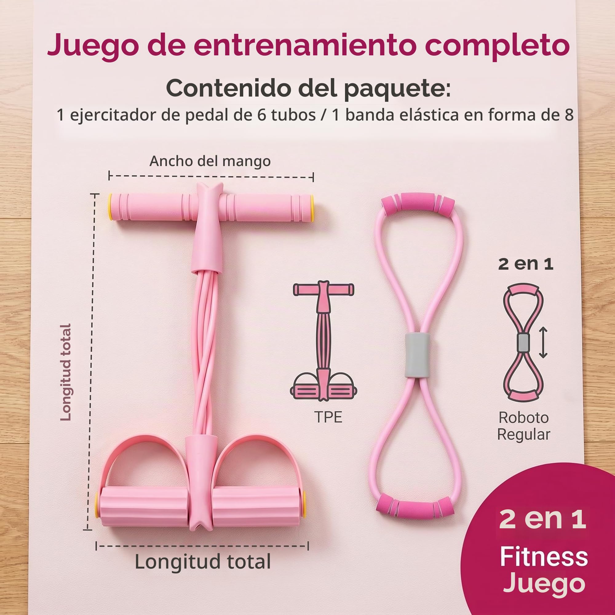 Banda de resistencia para pilates, bandas de resistencia de fitness con pedal de extracción de tobillo, cuerda elástica rosa para ejercicio, 6 tubos