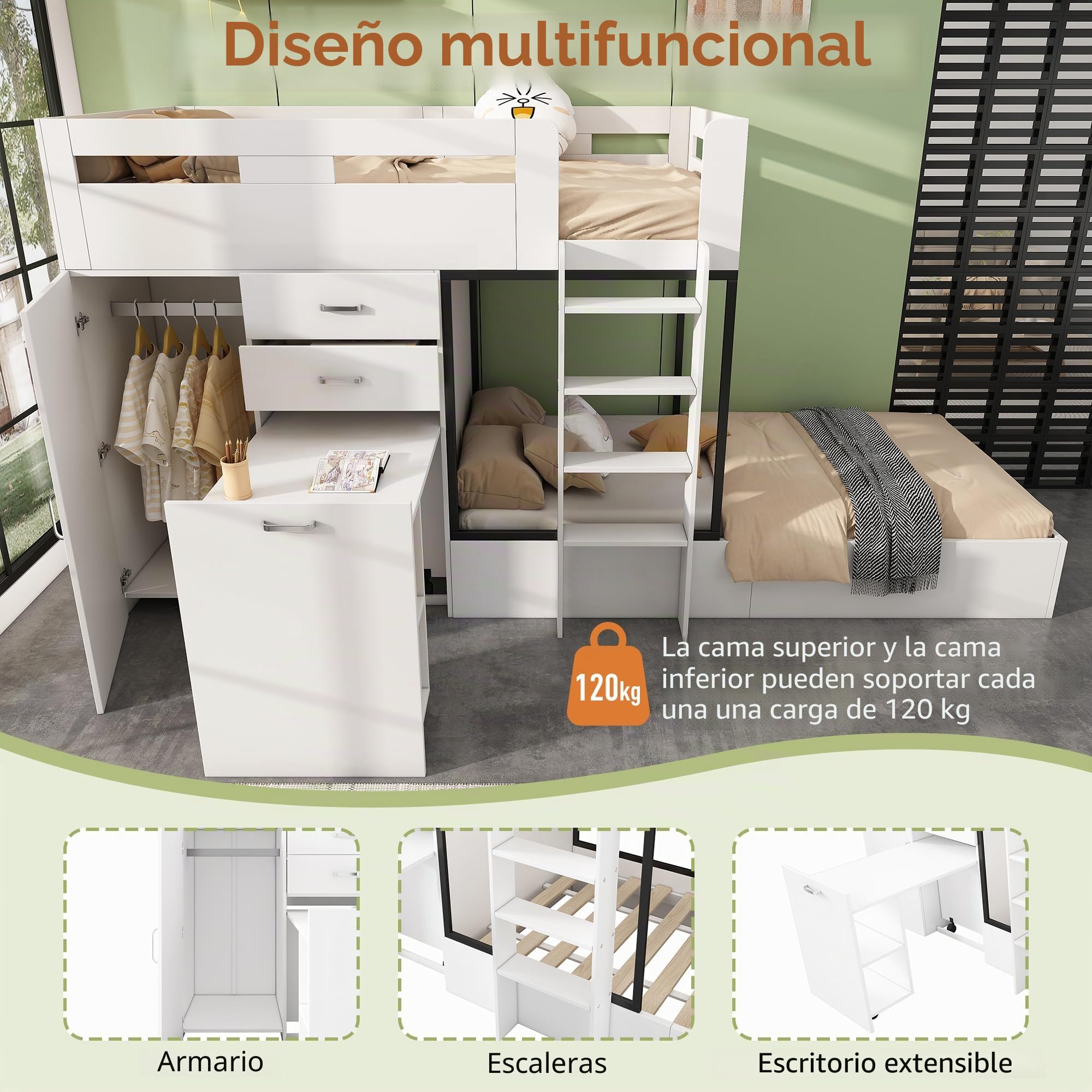 Sapgaks Litera infantil con escritorio extensible y armario, cama cabaña infantil 90 x 200 cm, cama infantil con cajón y estantes y escaleras, color blanco