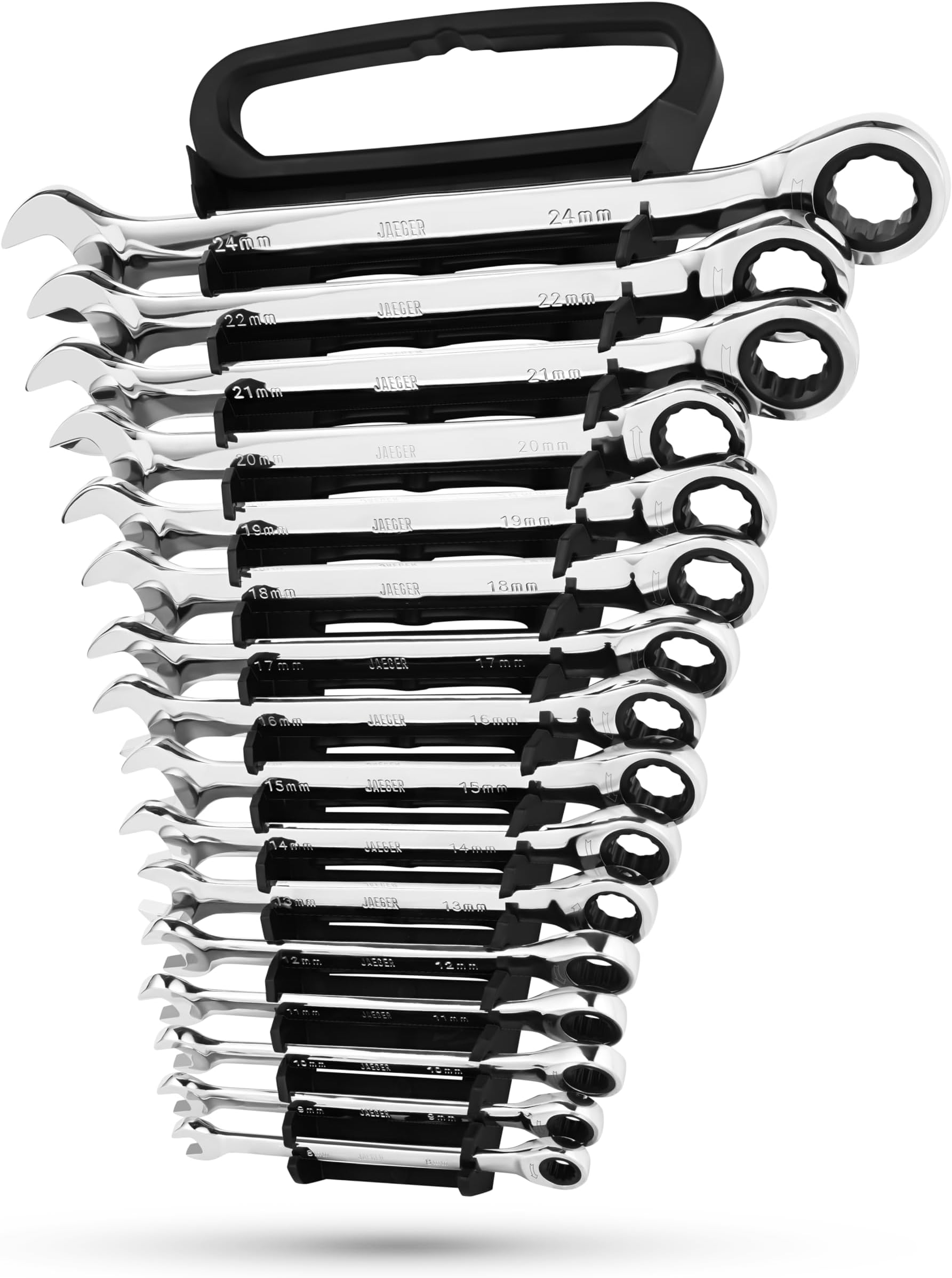 16pc MM/Metric TIGHTSPOT 90-Tooth Ratcheting Combination Wrench Set With Lock-In Rack - Metric SET With Ratchet Speed Wrenches And A Lock-In Rack Case
