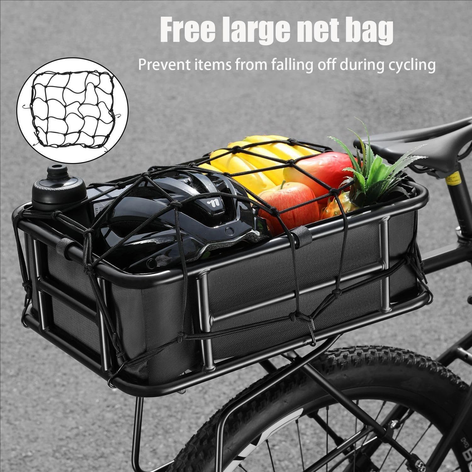Cesta Bicicleta Trasera，Gran Capacidad 43×33×15,5 Cm, con Una Carga Máxima De 50 Kg, Adecuado para La Mayoría De Bicicletas y Bicicletas Eléctricas, Fácil De Instalar, Incluye Accesorios, Color Negro