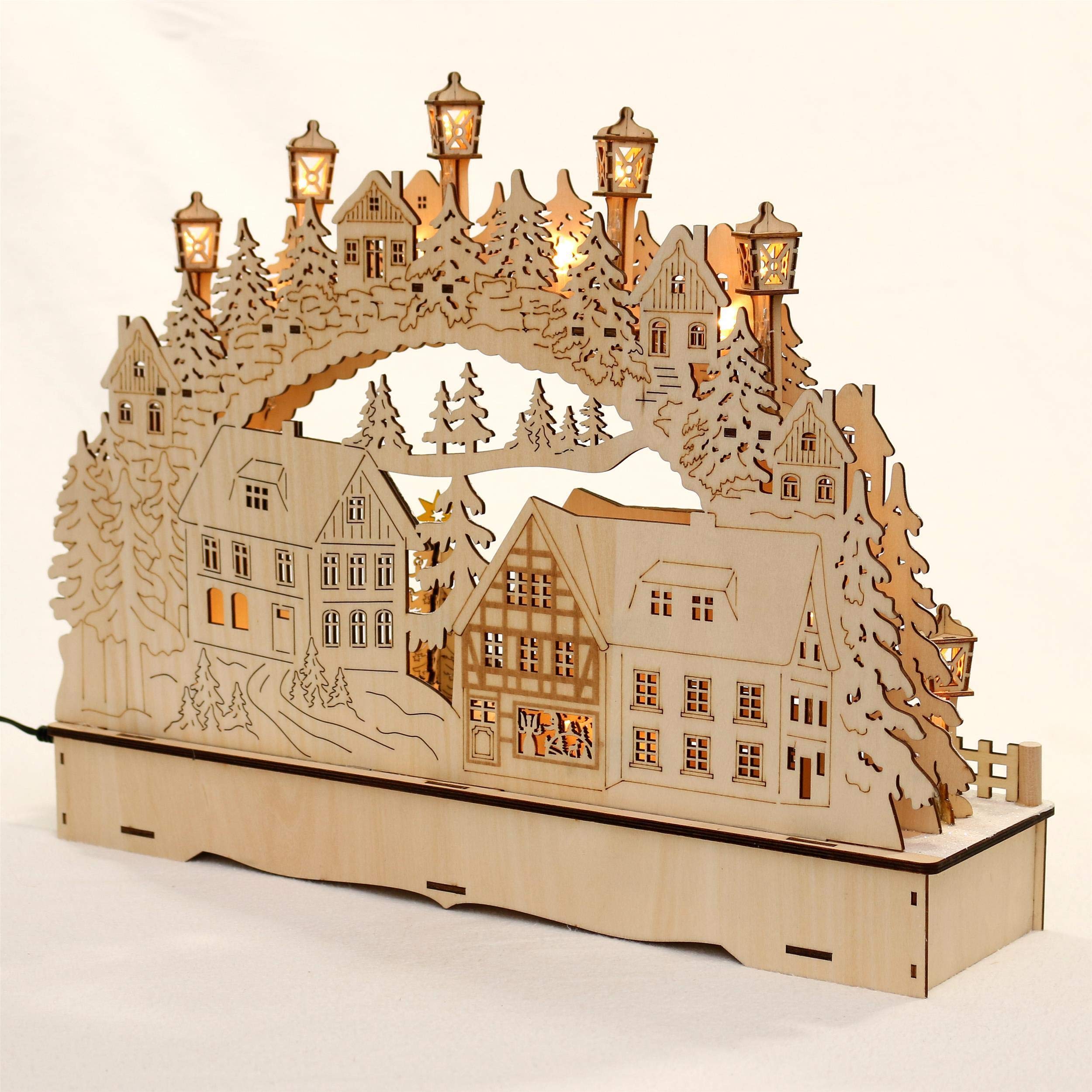 Dekohelden24 ***LED Holz Schwibbogen mit bewegtem Weihnachtsbaum, Motiv: Weihnachtsmann und Schneekinder, L/B/H ca. 45 x 12 x 35 cm, für Batterie- oder Adapterbetrieb.