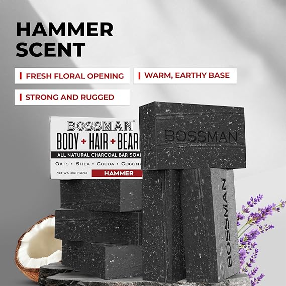 Bossman 4-in-1 Charcoal Soap Bar for Men (4 oz) -Hammer 6pk
