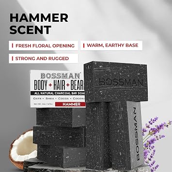 Bossman 4-in-1 Charcoal Soap Bar for Men (4 oz) -Hammer 6pk