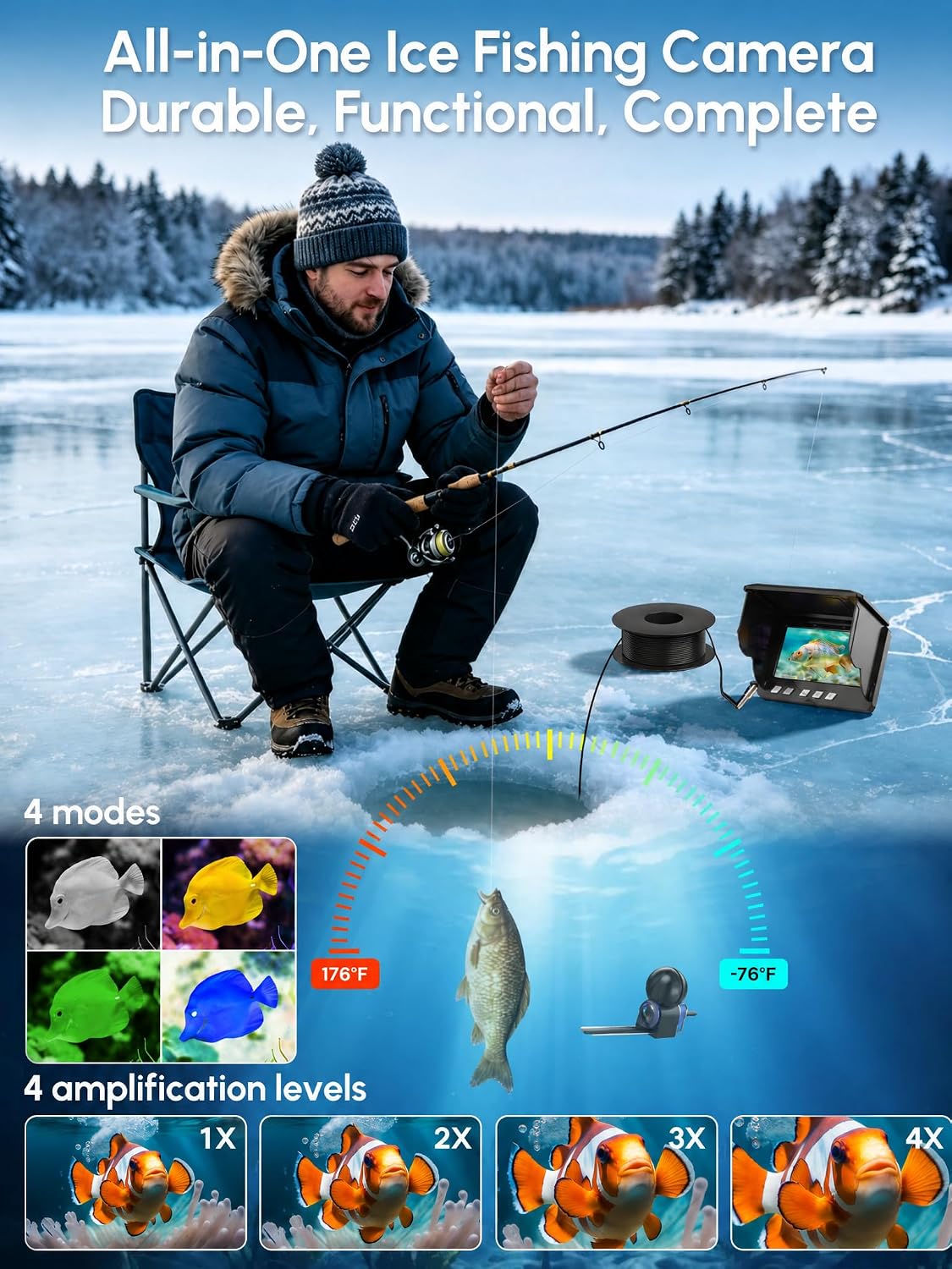 Underwater Fishing Camera with 4.3" LCD Screen,Portable Fish Finder with 12 IR LED Night Vision&200° Wide Angle, IP68 Waterproof Ice Fishing Camera with 50ft Cable&5000mAh Battery for Ice Lake&Boat