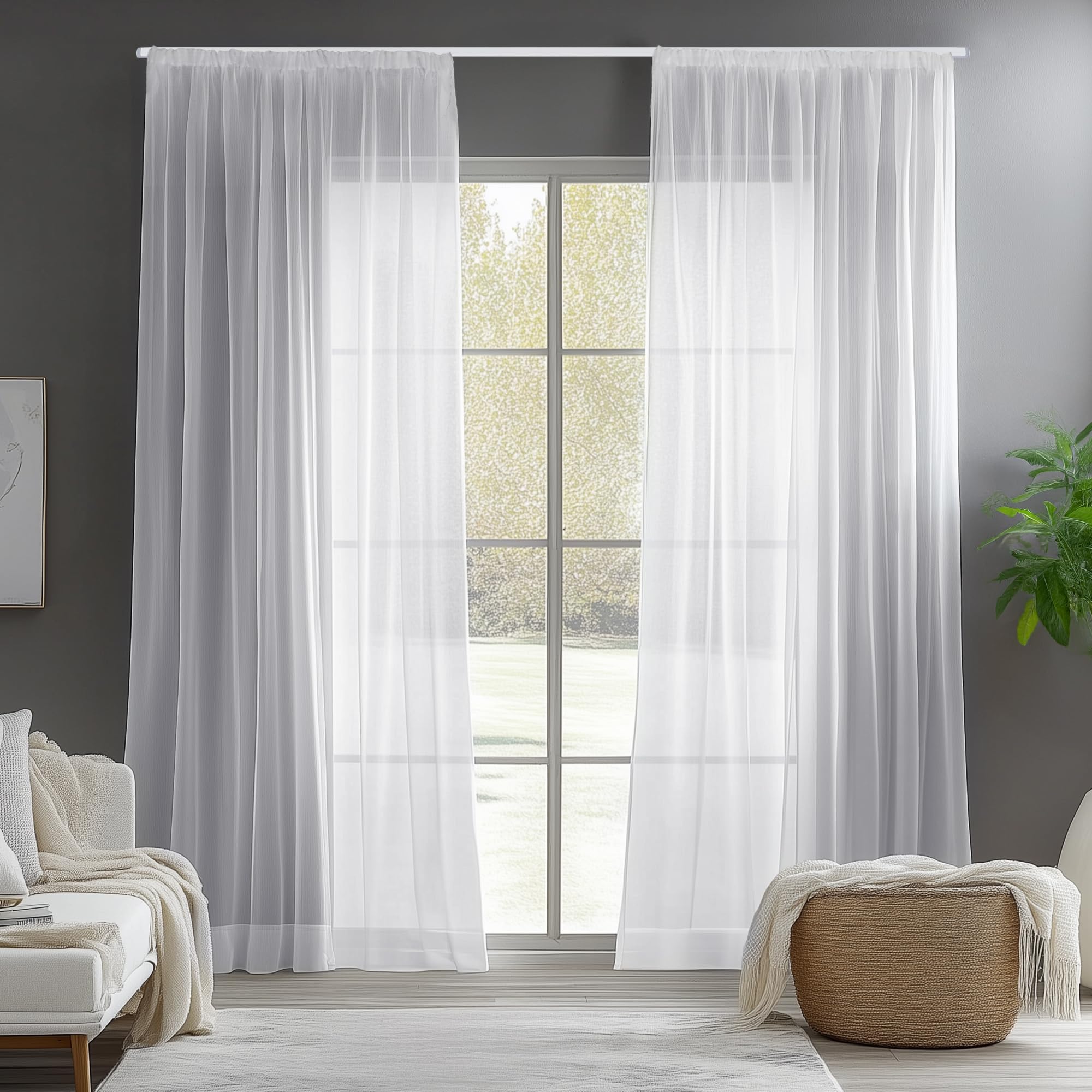 Deconovo Gardinen mit Kräuselband Transparent Vorhänge für Schiene Wohnzimmer Kinderzimmer, 183x140 cm(HöhexBreite), Weiß, 2er Set
