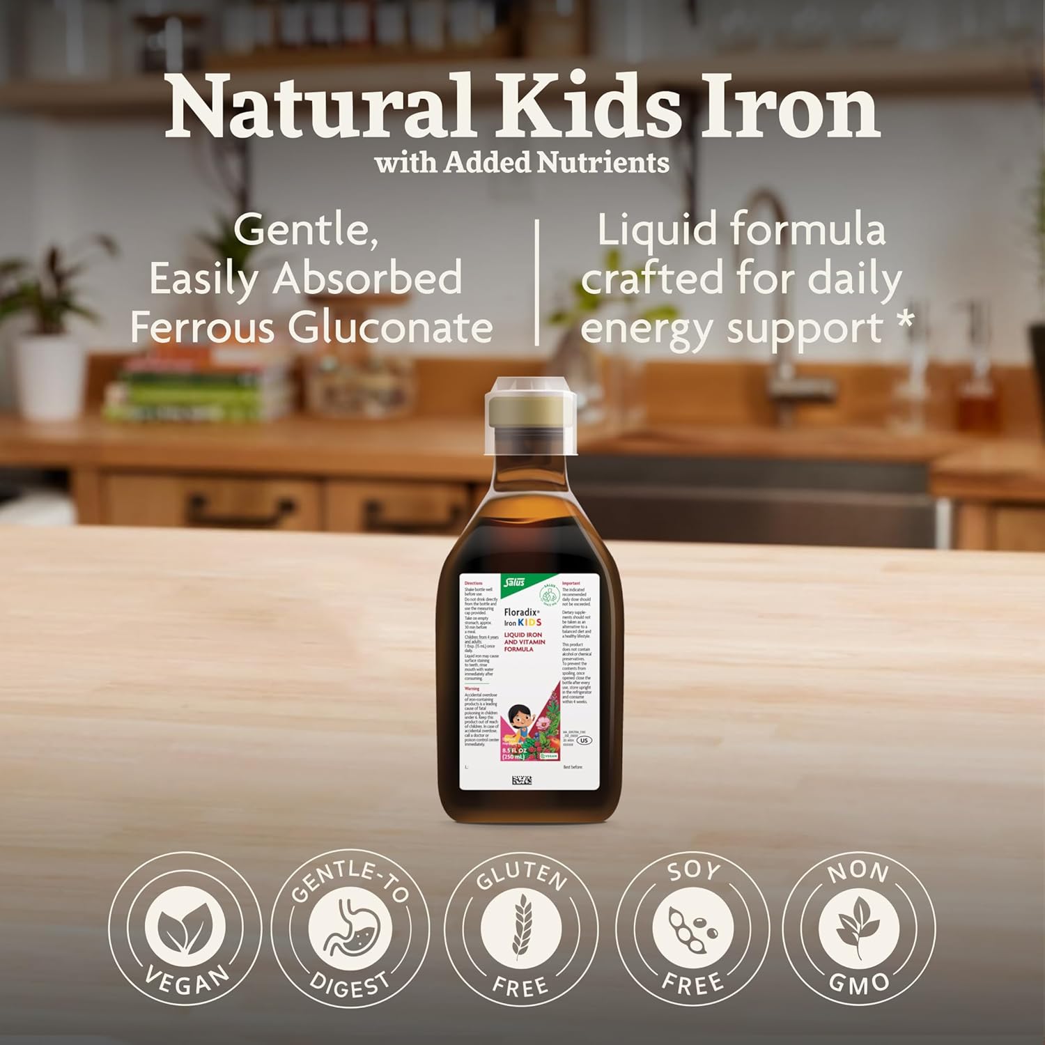 Salus Floradix Iron Kids - Liquid Iron & Vitamin Formula - Children's Supplement with C & B Vitamins - Vegan - Raspberry-Vanilla Flavor - 8.5 fl oz