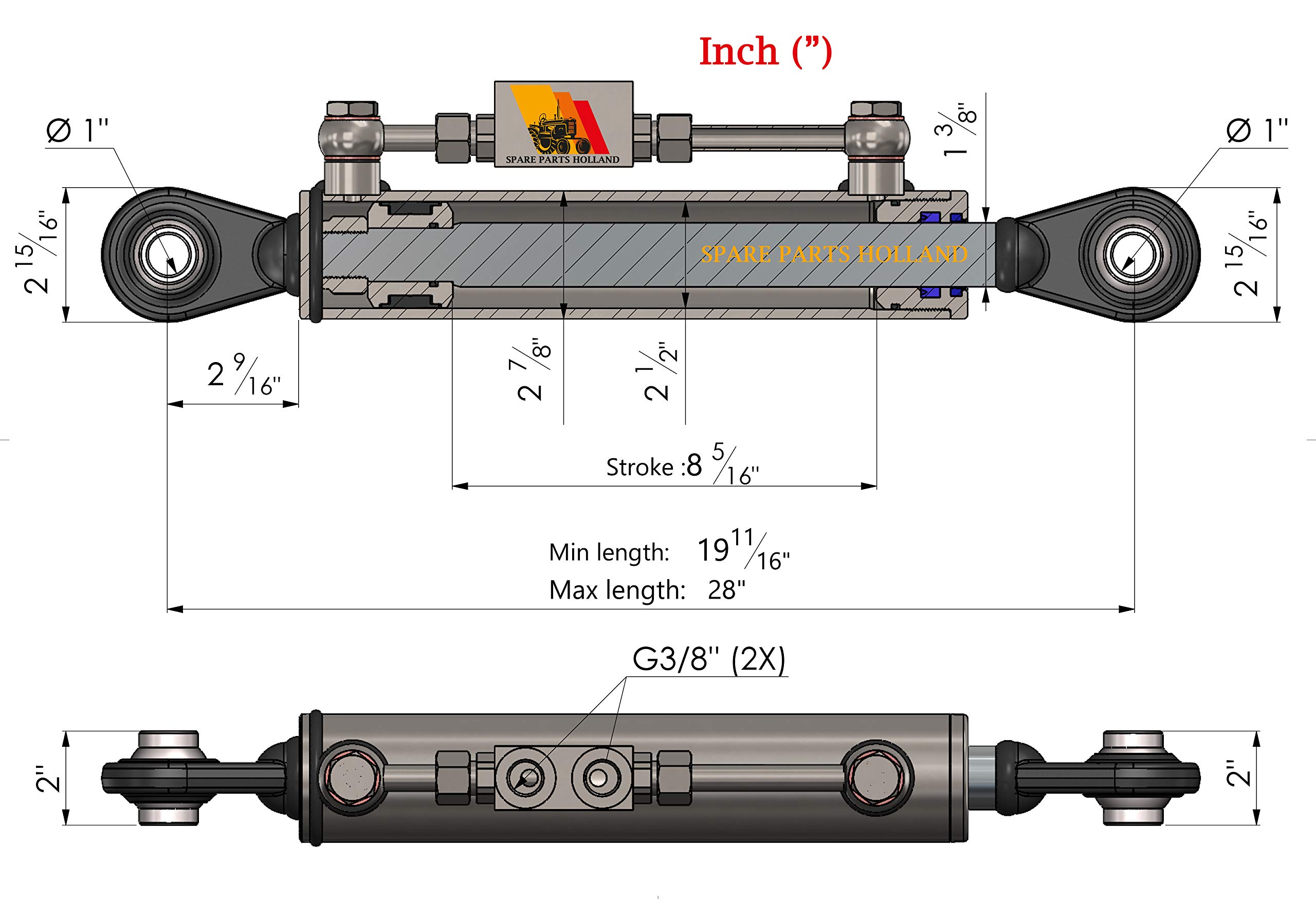 Tercer Punto Hidráulico Cat 2 (500-710 mm) con Bloque de Bloqueo y 2 Mangueras