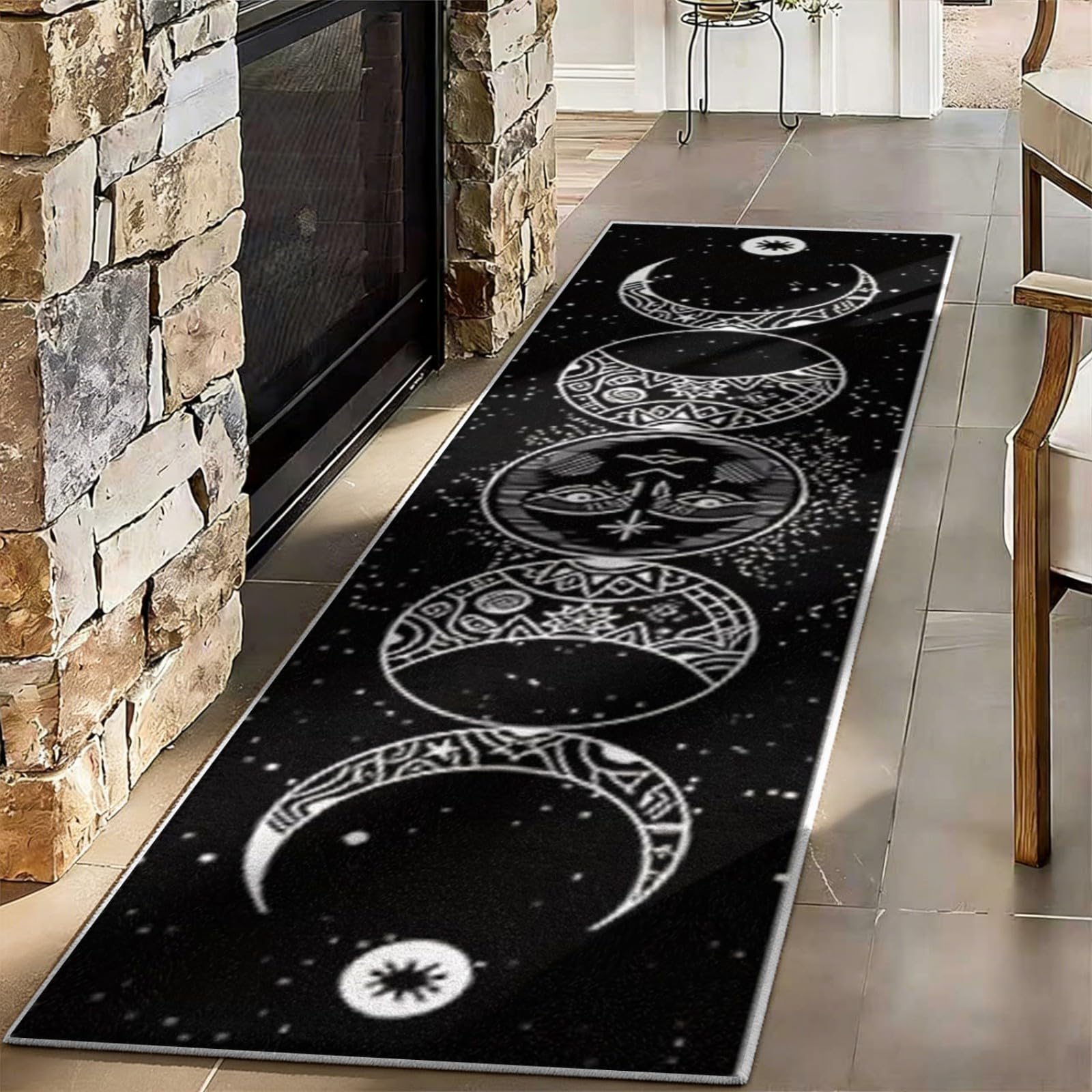 WAOTMN Sun and Moon Runner Rug,120x300cm, Modern Gothic Hallway Carpet,Magic Moon Kitchen Black and White Runner Rug Low Pile Thin Washable Runners for Bedroom Halloween Easter