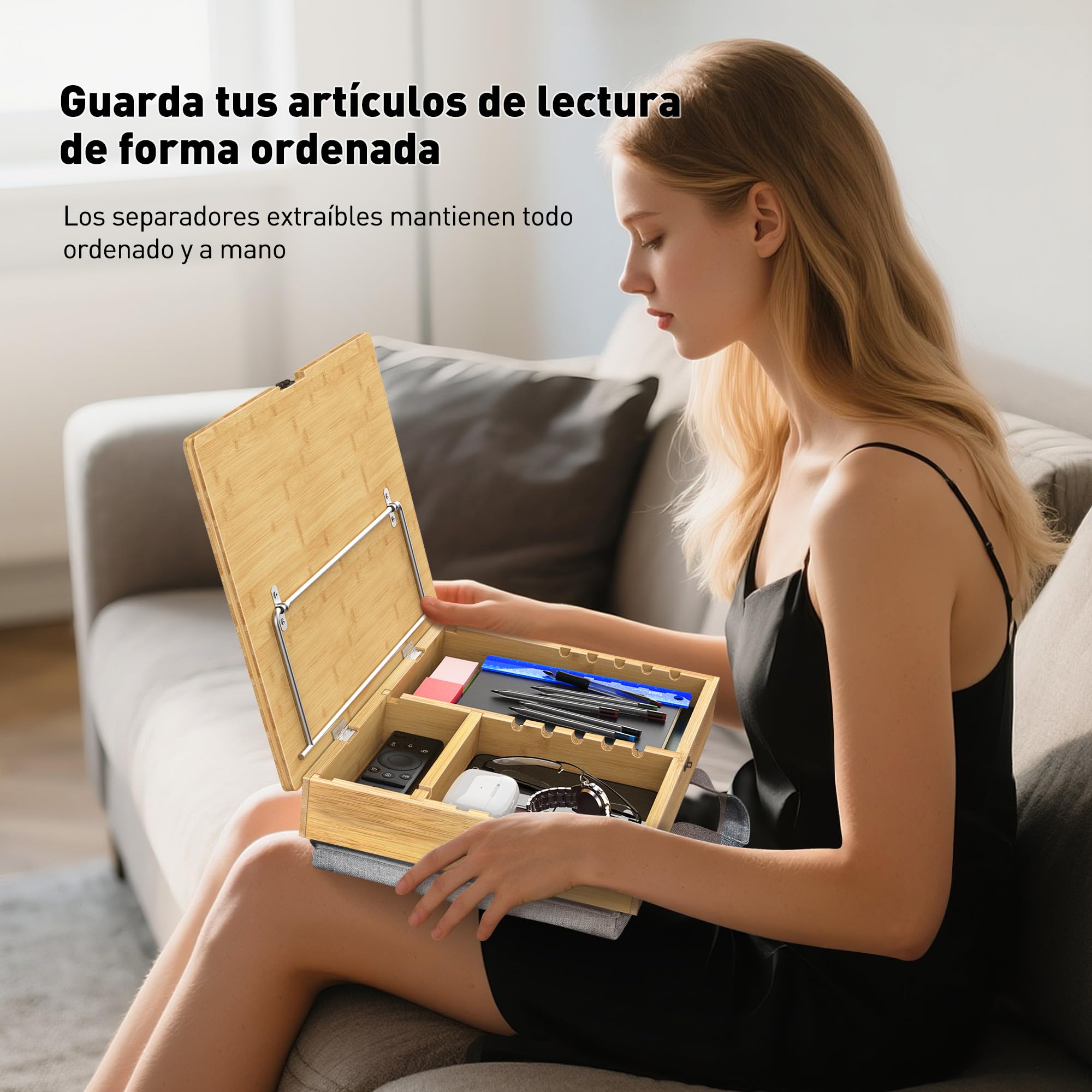 AboveTEK Atril de Lectura de Bambú con Cojín Suave, Soporte Ajustable para Libros y Tablet, Atril con Almacenamiento, Porta Recetas de Cocina, Soporte para Libros de Cama y Escritorio