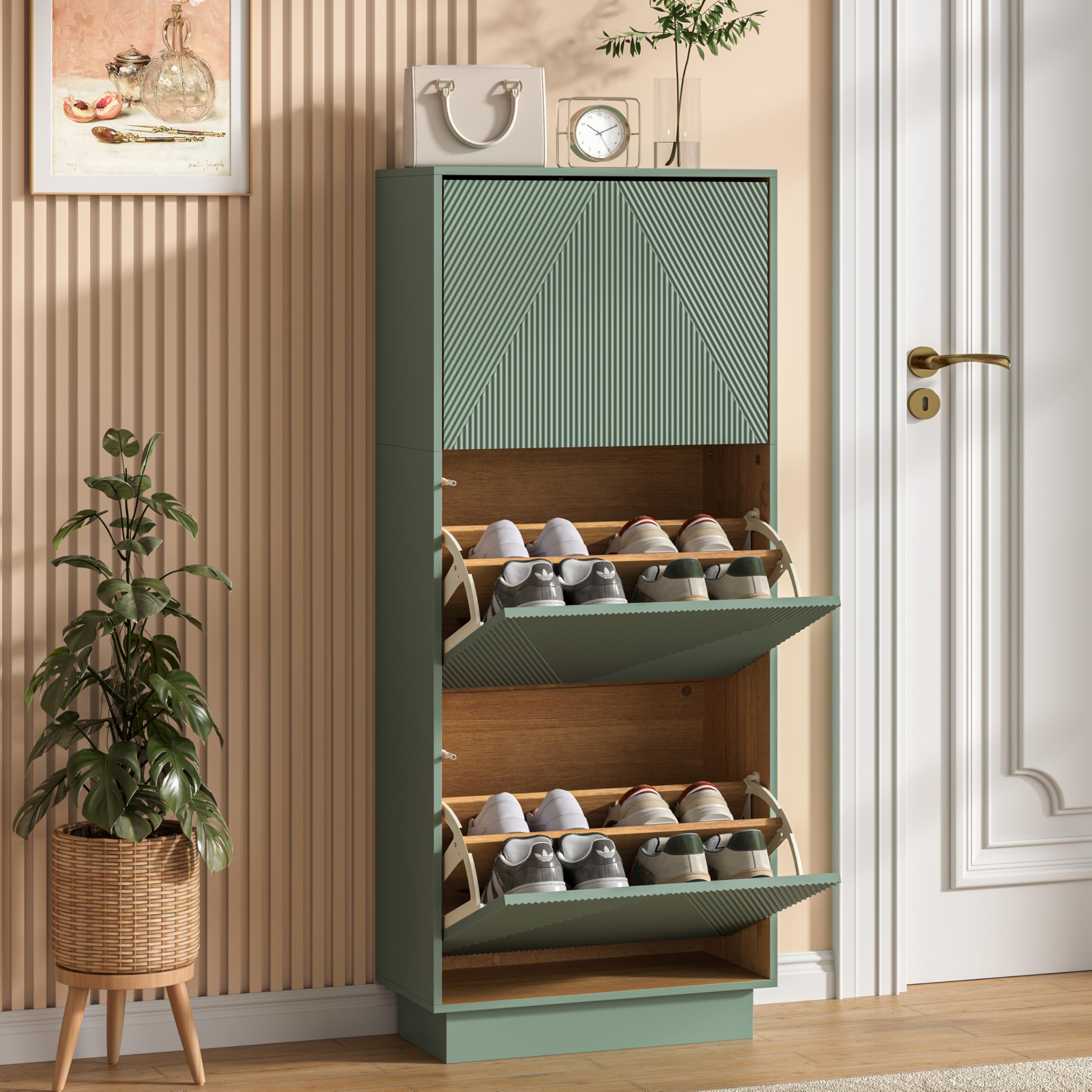 UEV Slim Shoe Cabinet with 3 Flip Drawers, Carved Line Fronts, Narrow Storage Unit with Anti-Tip Design for Hallway, Living Room or Entryway, Sage Green