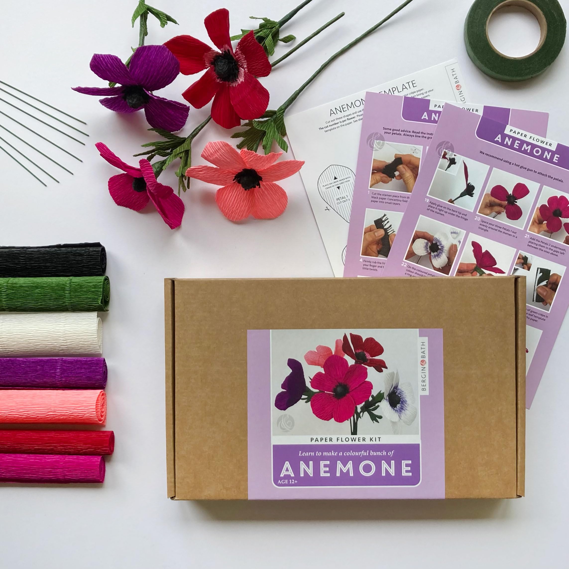Bergin & Bath Pink Paper Flower Kit - Anemone. A Creative Papercraft Gift Idea For Mum. Hand Make Paper Flowers.