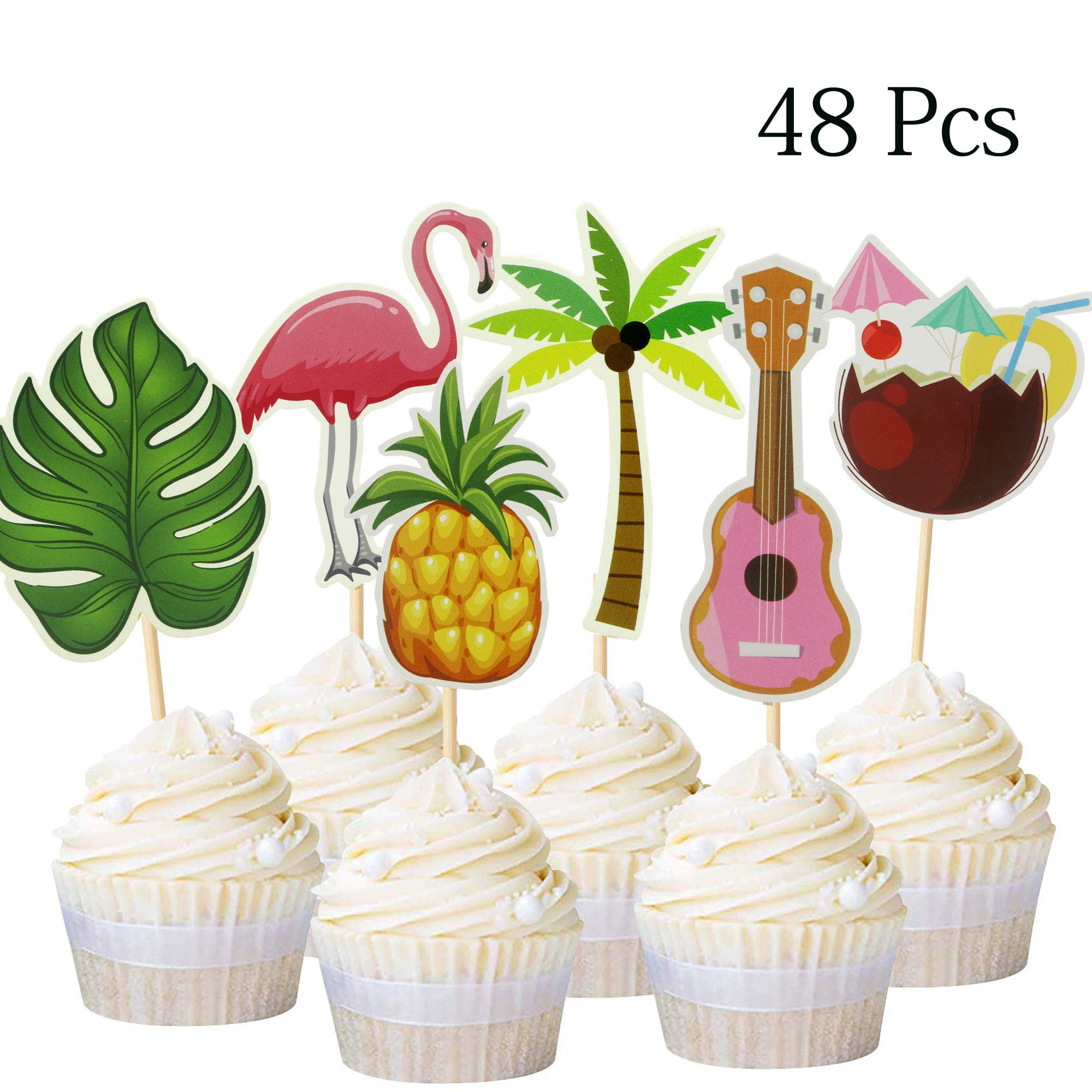 Luau Cupcake Toppers Hawaii Party Supplies, 48PCS Tropical Palm Leaves Flamingo Pineapple Guitar Coconut Tree Beverage/Cocktail Cup Food/Appetizer/Cake Picks, 6 Design Hawaiian Party Decoration