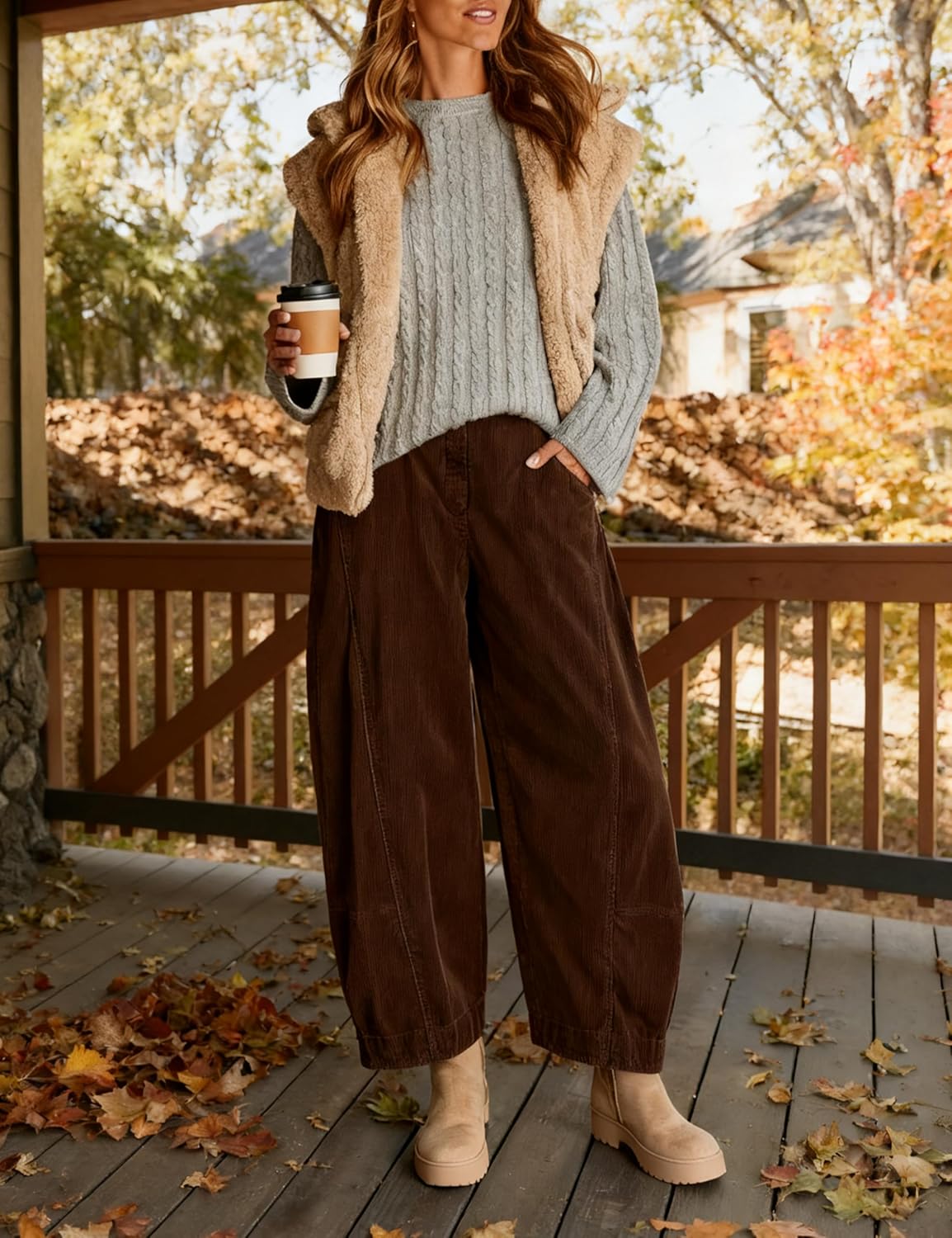 Fiona Jolin Corduroy Pants Women Barrel Casual Wide Leg Pant Mid Rise Elastic Back Waist Baggy Trousers with Pockets - Image 5