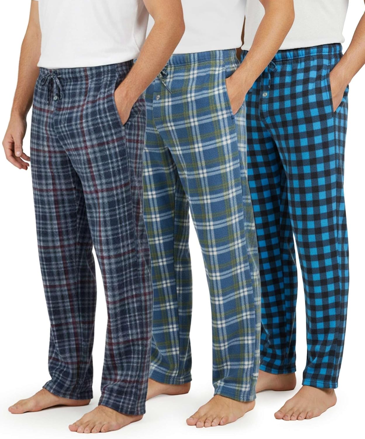 Real Essentials 3 Pack: Men's Fleece Pajama Pants Loungewear Soft PJ Bottoms Sleepwear with Pockets (Big & Tall Available)