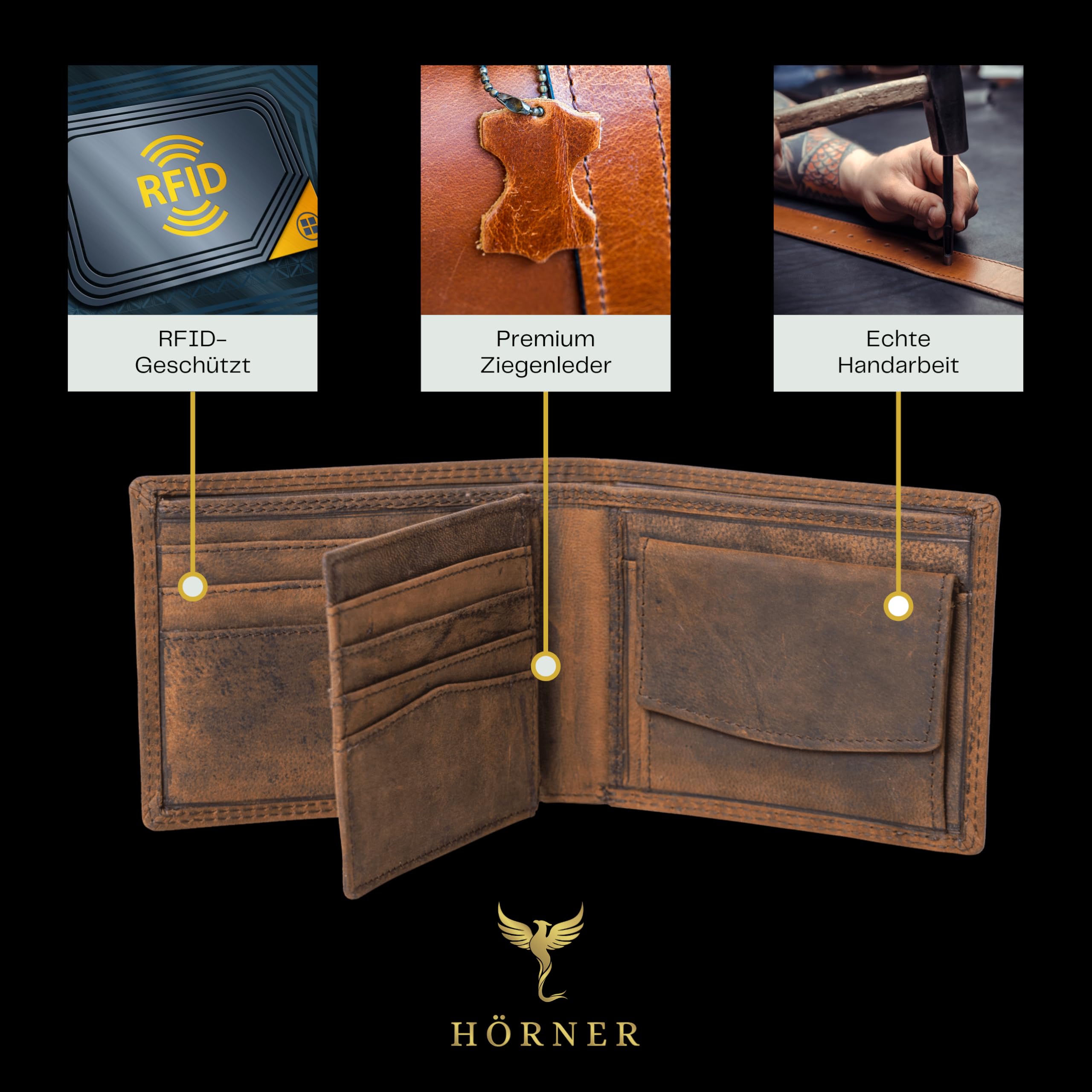 Hörner Velox Geldbeutel Herren Braun I Echtes Leder I Hochwertige Geldbörse Männer I Wallet for Men I Portemonnaie I Brieftasche I Karten Portemonnaie I RFID Schutz
