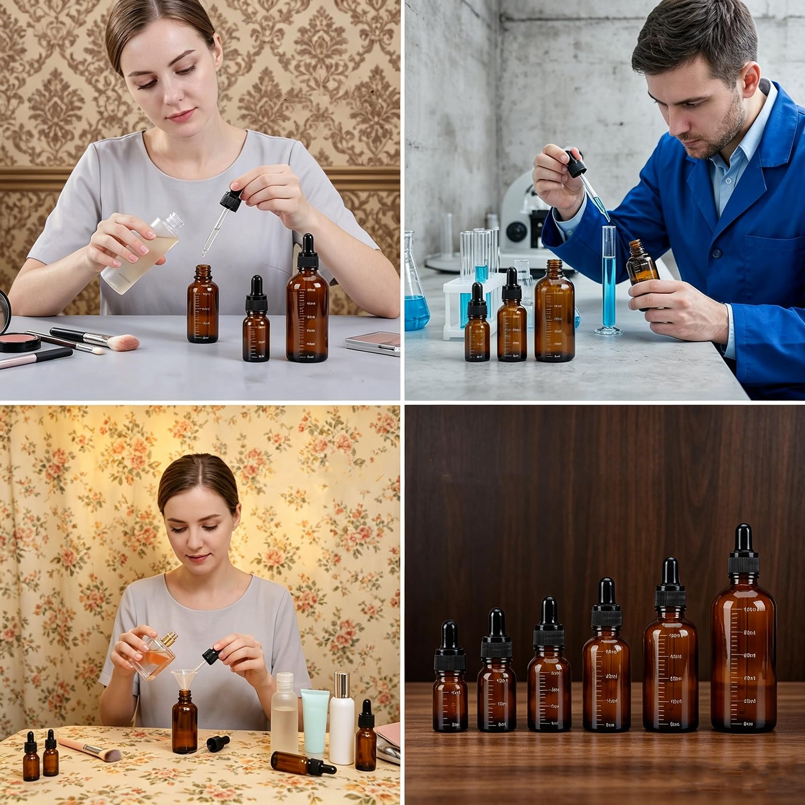 QUUPY Botella de vidrio ámbar con cuentagotas de vidrio, recargable, escala graduada, difusor de aceite esencial, mezcla de aceite de belleza, paquete de 3, 100 ml