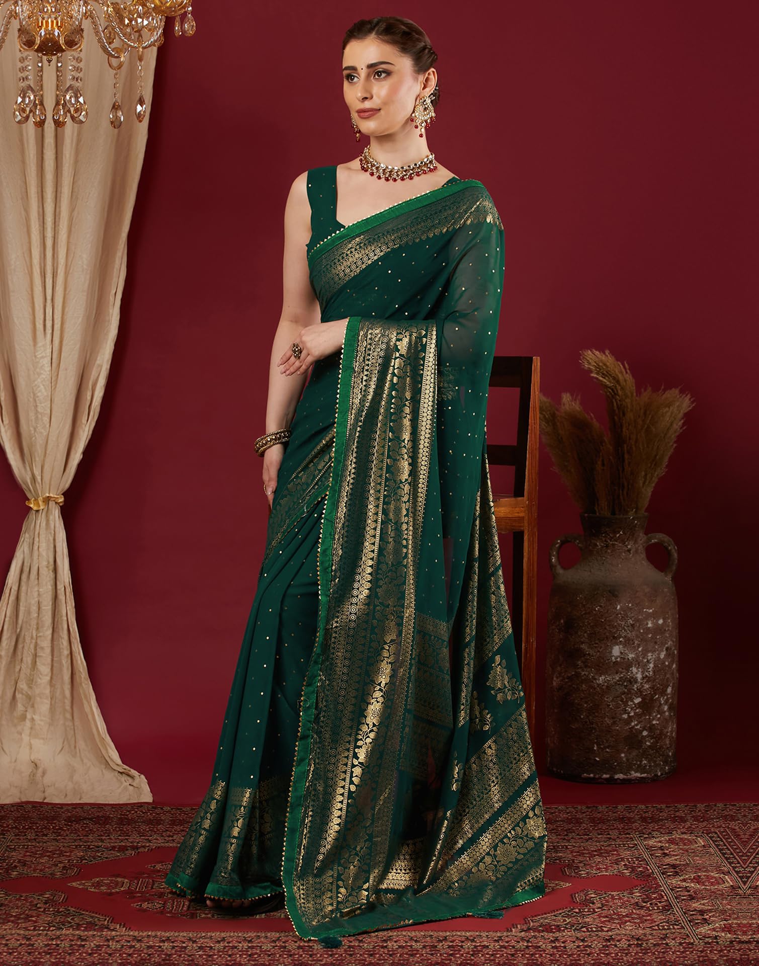 SIRIL Women's Georgette Foil Printed Saree with Unstitched Blouse Piece (4402S3154_Dark Green) - Image 2 thumbnail