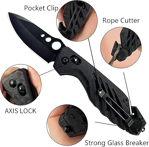 Miniatura 3 de XIPHIAS Cuchillo táctico plegable EDC Axis Lock de 4.25 pulgadas con clip de bolsillo, rompedor de vidrio, cortador de cinturón de seguridad,