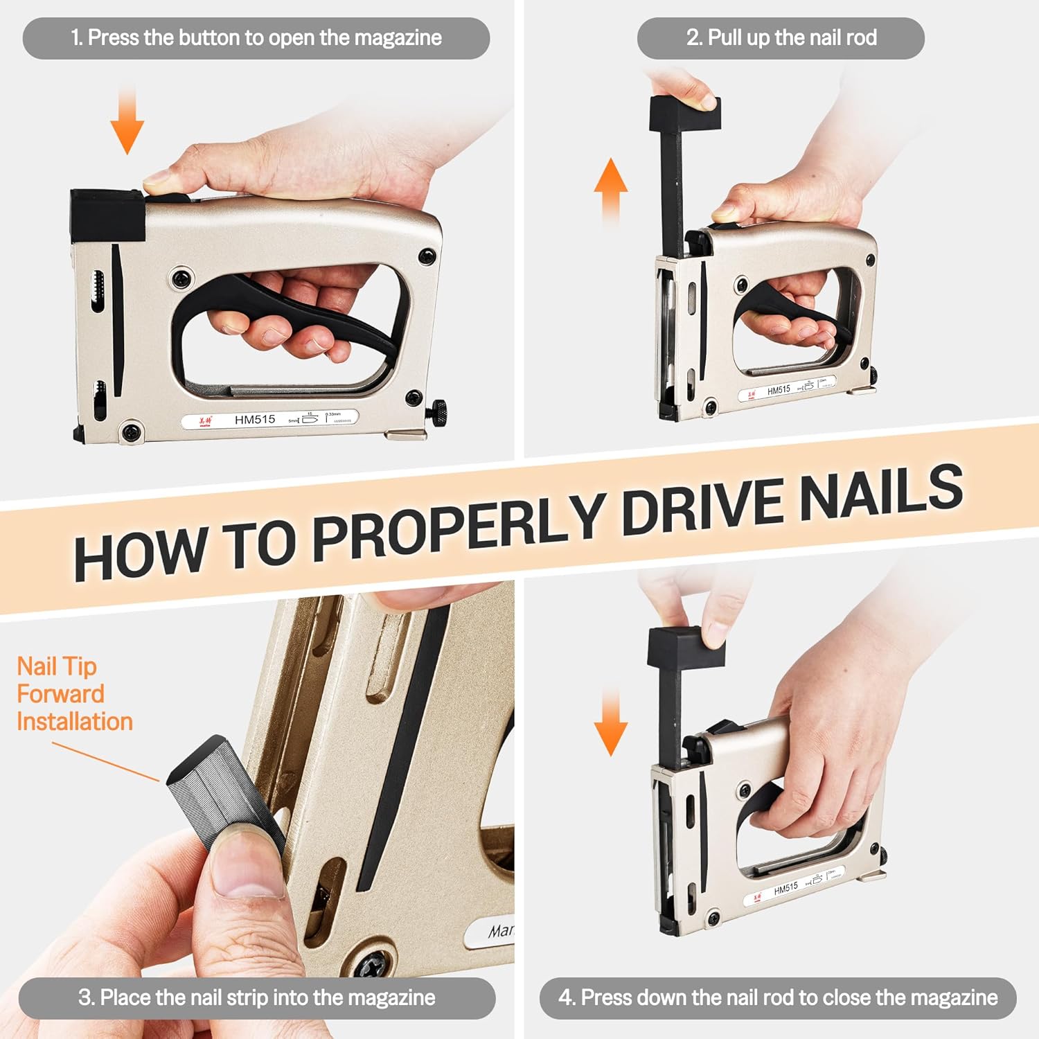 Four-step visual guide showing how to load nails into the meite HM515 point driver. Steps include pressing the button, pulling the nail rod, placing the nail strip, and pressing down the nail rod to close.