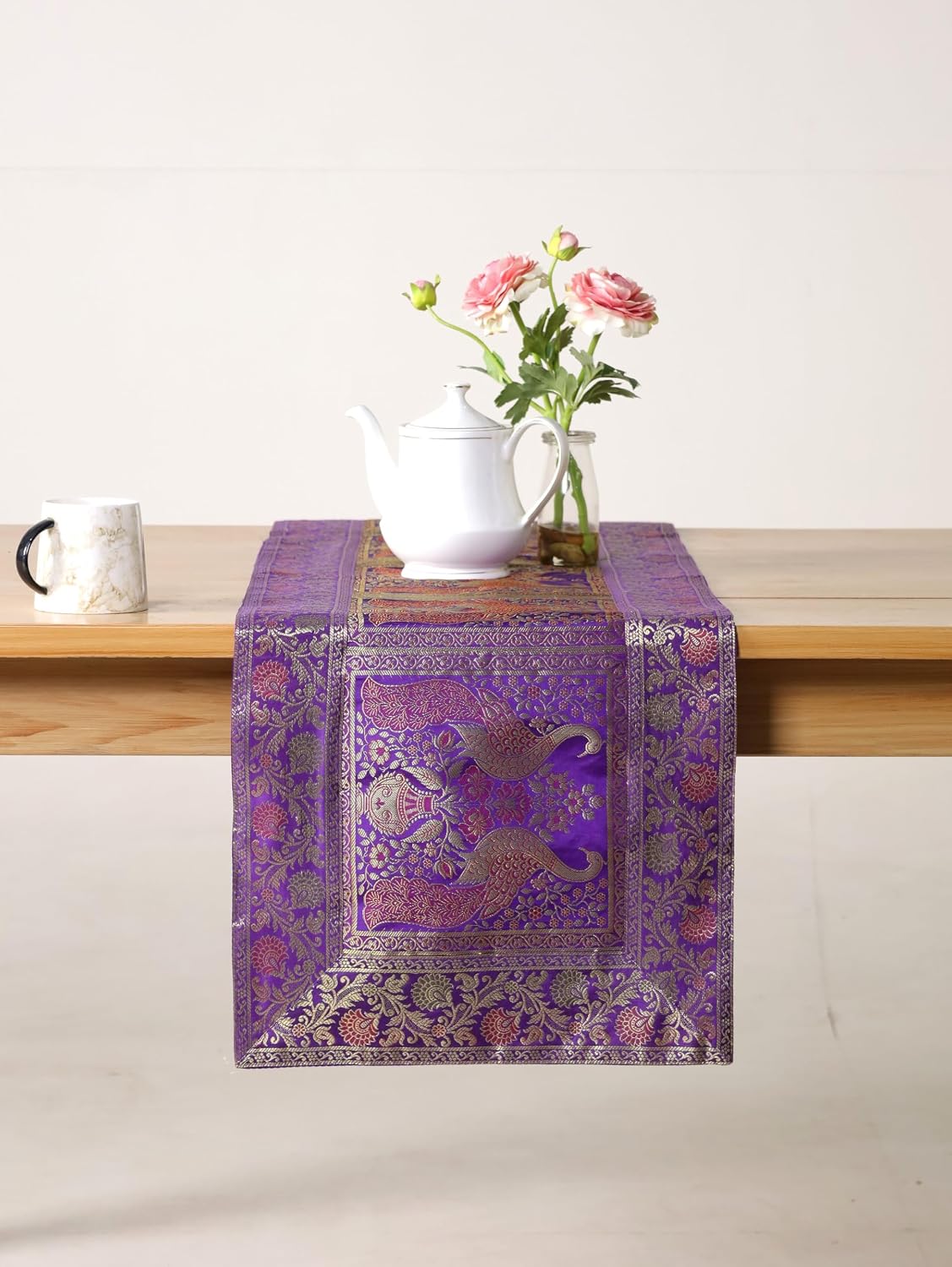 Indian Decorative Silk Table Runner, 16x60 Inches Table Runners for Events and Parties, Celebaration & Home Decoration ,Multicolor (Purple) image 2