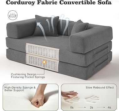Vipbear 3 Seater Boneless Sofa Bed,Modular Convertible Couch,Pull Out,Grey