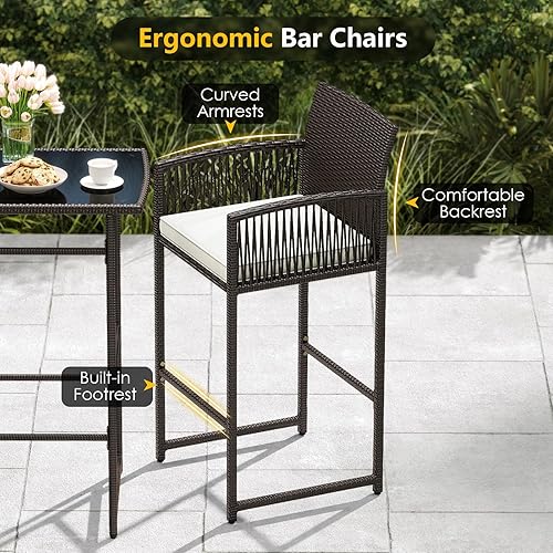 Miniatura 6 de Tangkula Juego de barra de patio de 3 piezas, mesa de metal de altura de barra de mimbre para exteriores de servicio pesado y sillones con cojines