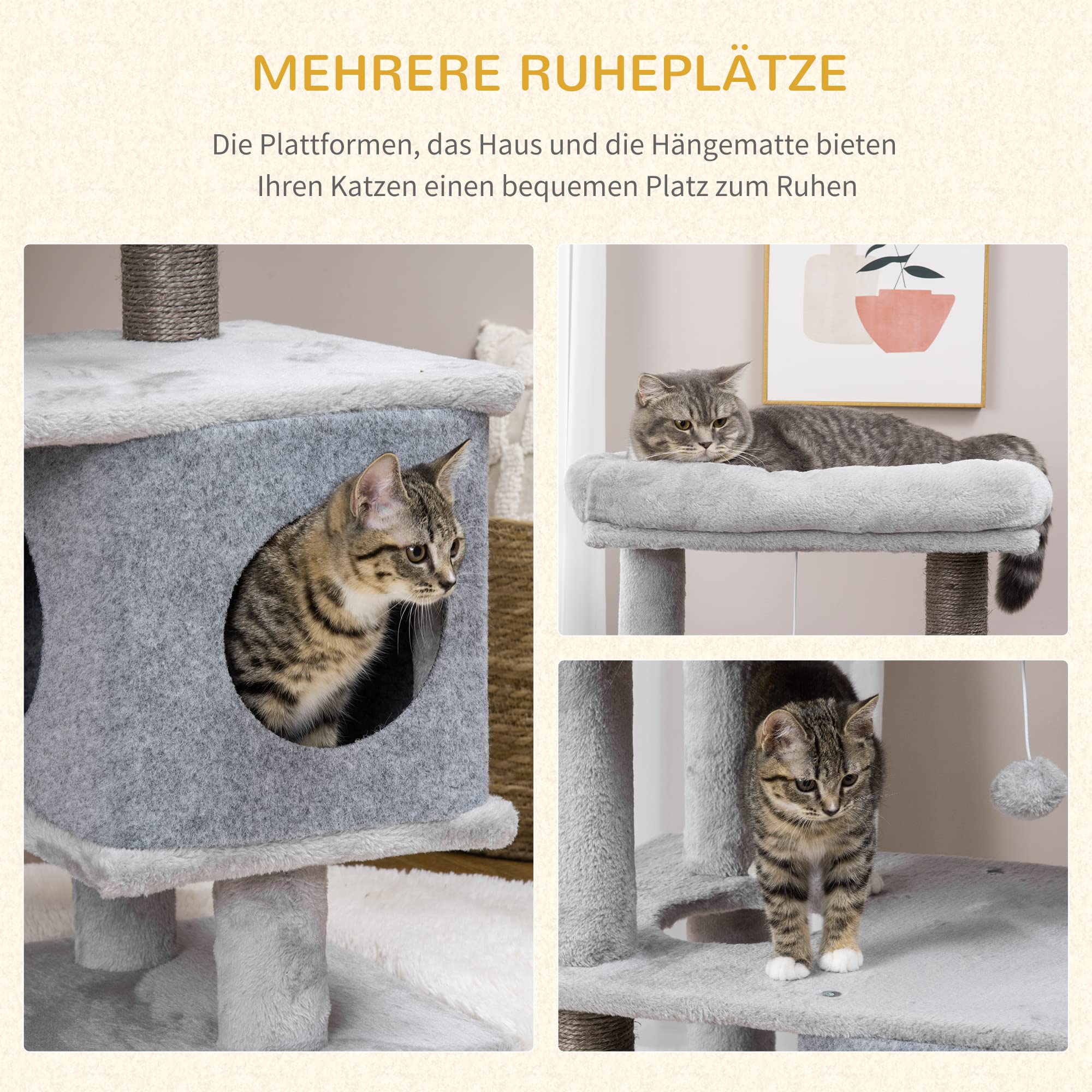 PawHut krabpaal, kattenboom met kattenhol, kattenbed en hangmat, inclusief speelgoed, lichtgrijs