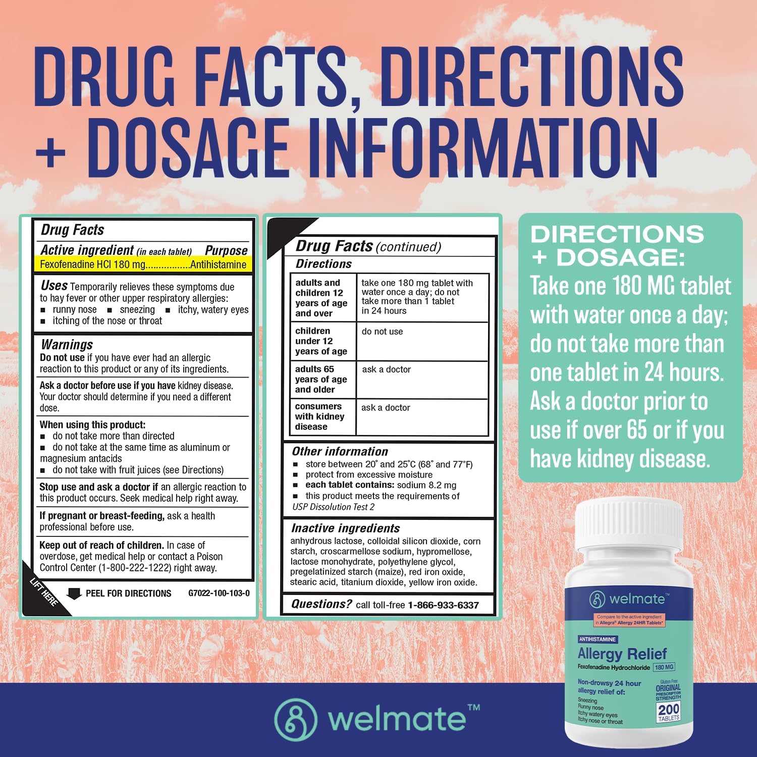 WELMATE | Allergy Relief | Fexofenadine HCl 180 mg | 24 Hour Non-Drowsy Antihistamine | Sneezing | Runny Nose | Itchy Eyes, Nose & Throat | Indoor & Outdoor Allergy Relief Tablets | 200 Count