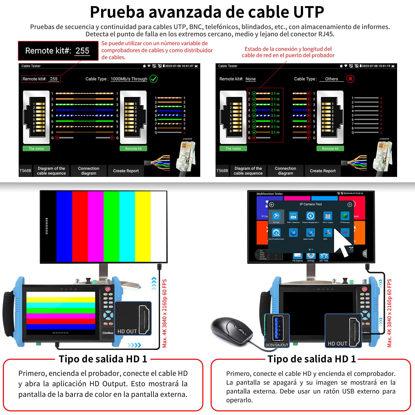 Henkion Probador de Cámara CCTV Monitor, Tester IP 8K 32MP 4K 12MP con PoE++ 90W, Pantalla Táctil IPS 7" Probador de Cables Herramientas de Red con Interfaz SFP IPC-9800CPro y Rastreador de Cables