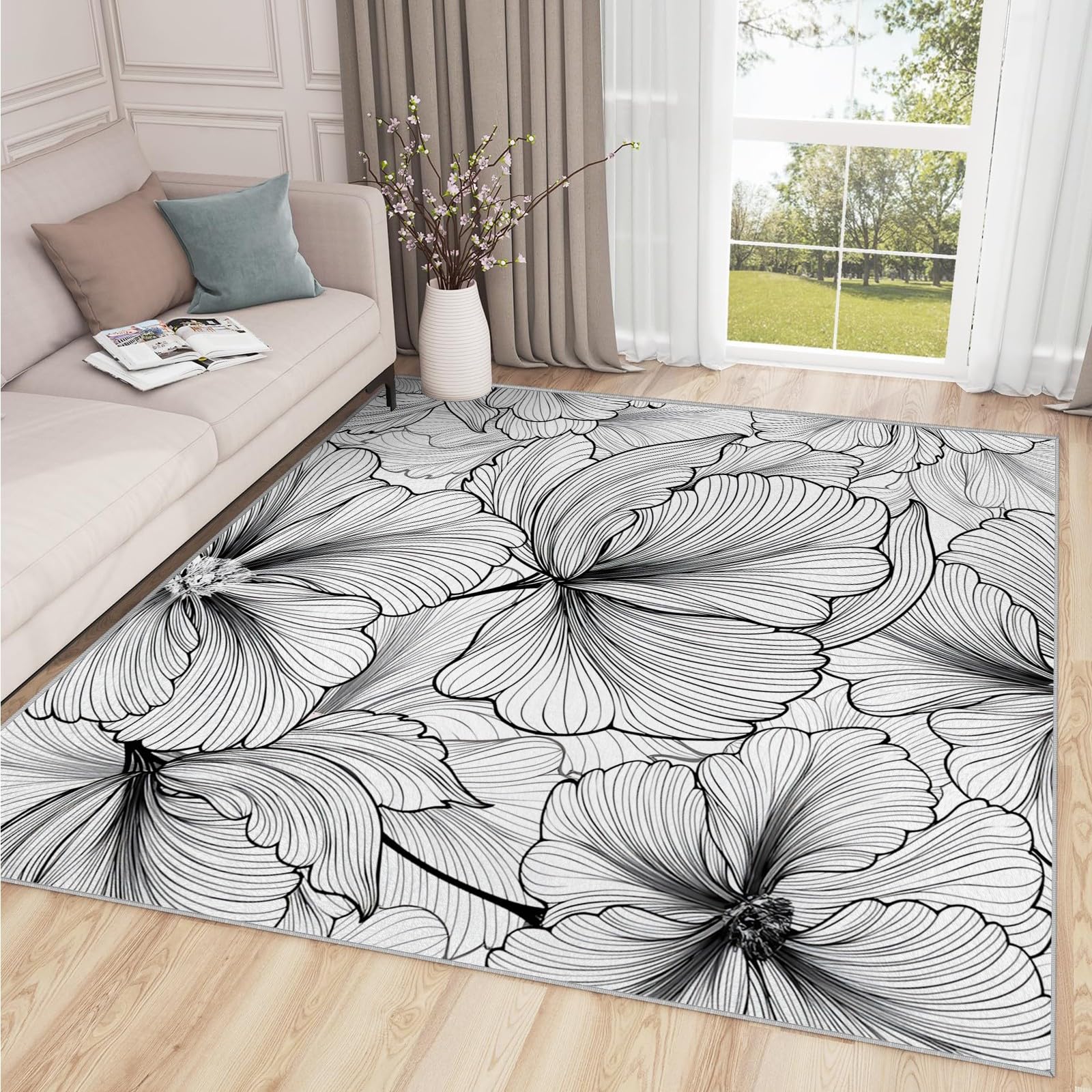 Waschbarer Kurzflor Teppich 120x160 cm – Weich & rutschfest, Schwarz‑weiße Linienförmige Große Blumen Teppich Modern Minimalistisch Wohnzimmerteppiche Modern QJ-109