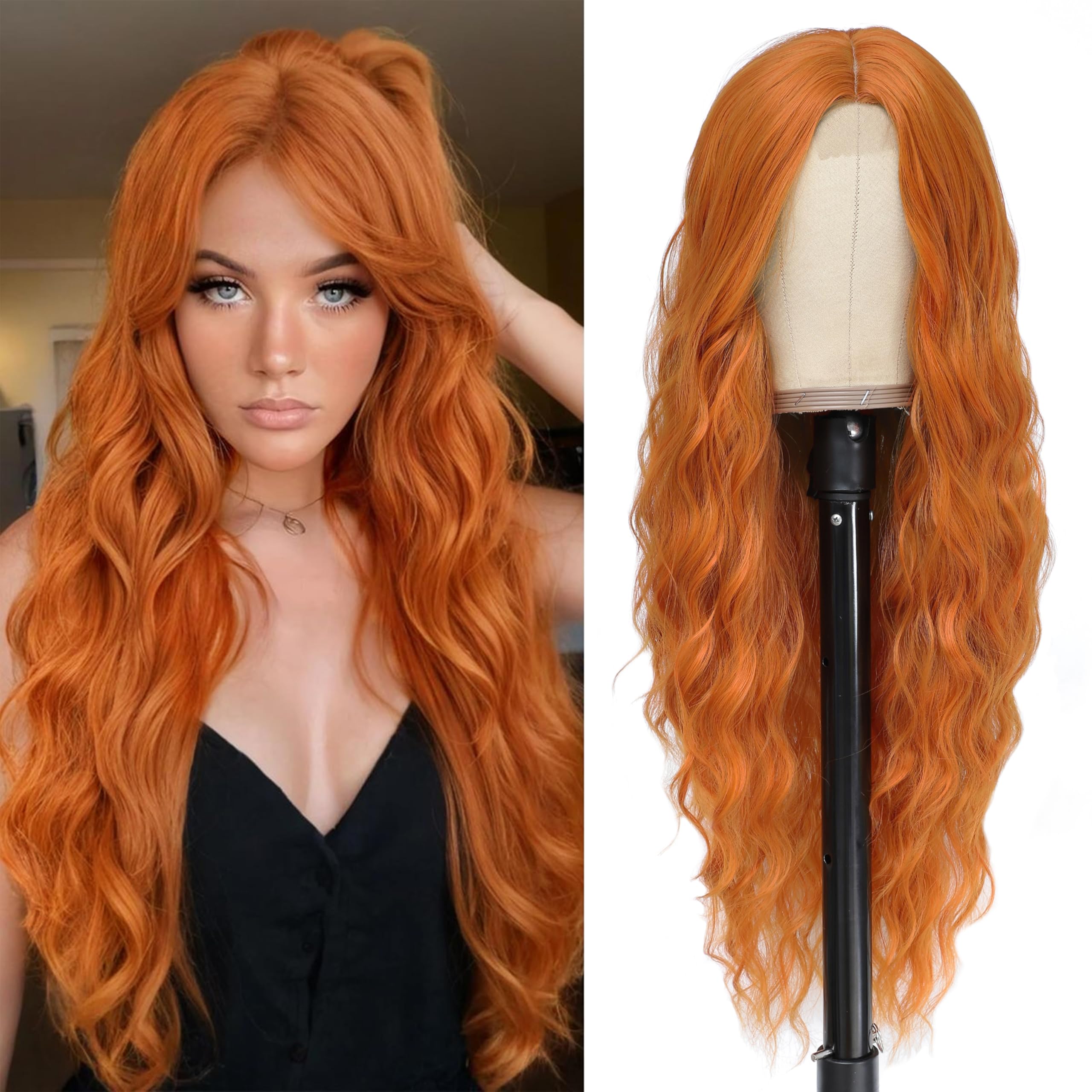 BUPPLER Cosplay Long Amber Orange Wig 28 Inch Middle Part Synthetic Wig Realistic Gifts Party Wigs for Women Daily Use Colorful Wigs (Amber Orange)