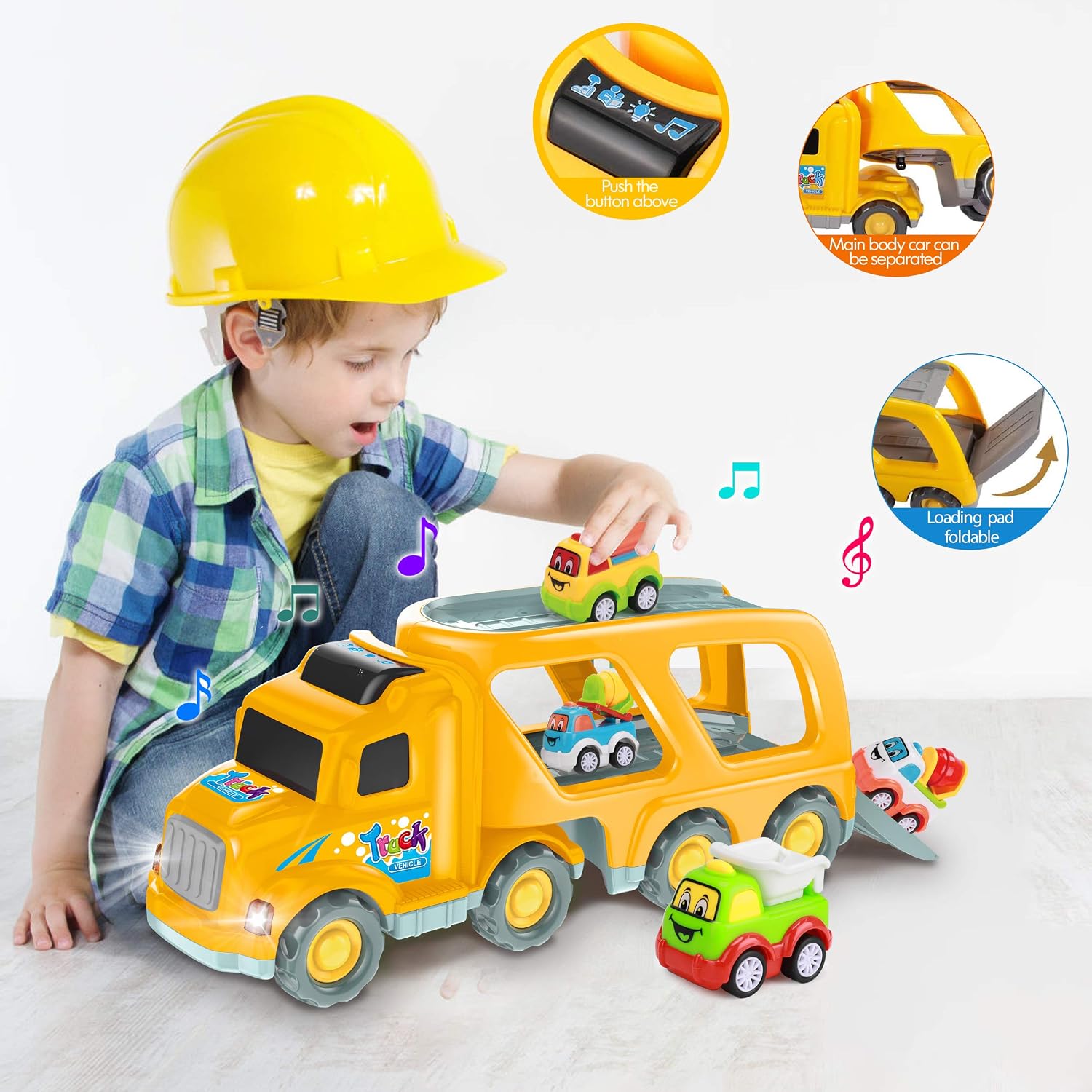 Rubikliss Car Toys for 1 2 3 4 5 6 Year Old Toddler Kids Boys and Girls, 5 in 1 Construction Truck Set Real Sound & Bright Flashing Light, Push and Go Car Play Vehicles Toys