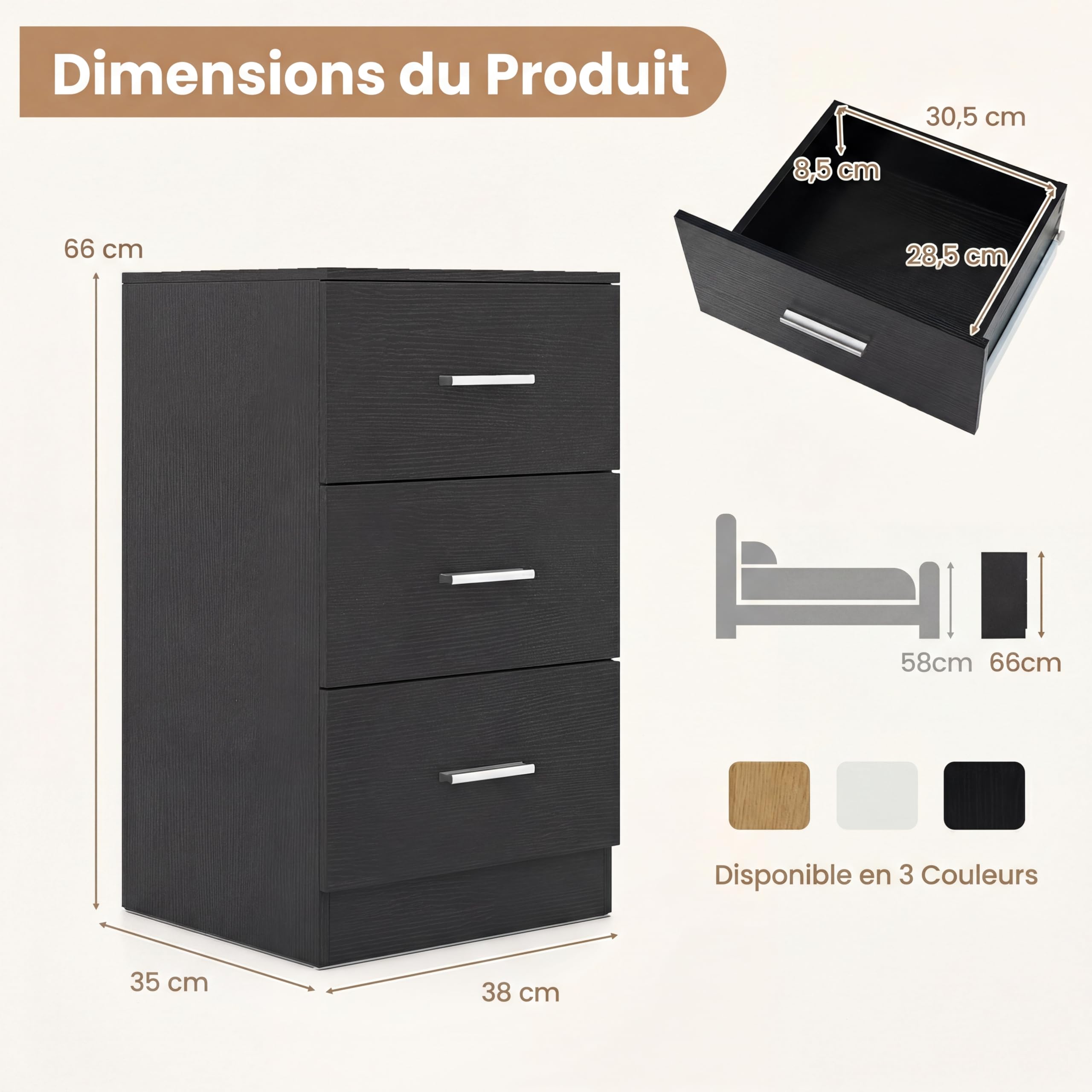 COSTWAY Table de Chevet avec Prise, Table de Nuit 3 Tiroirs, Commode Chambre Bois avec Poignée, Meuble Tiroir Rangement pour Bureau, Salon, 38 x 35 x 66 CM (Noir)