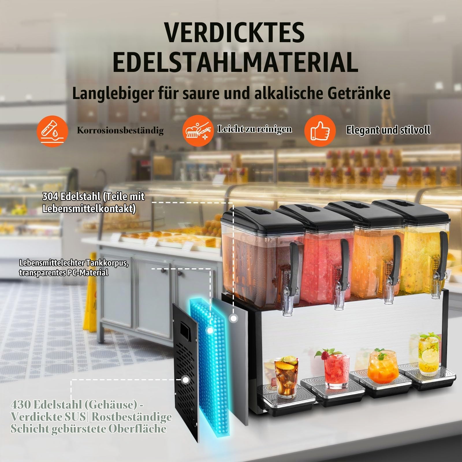 VEVOR kommerzieller Getränkespender mit 4 Tanks, Saftspender 12 L (pro Tank), 510 W Edelstahl Eistee-Getränkeautomat mit 7–12 °C Kühltemperatur, für Kaltgetränke Restaurant Bar Party Buffet Catering