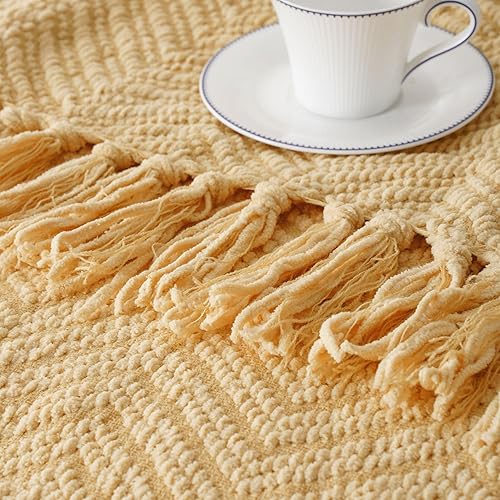 Miniatura 9 de BATTILO HOME Manta dorada para sofá, manta de punto amarillo versátil para silla, manta supersuave y cálida mostaza con borlas para cama individual,