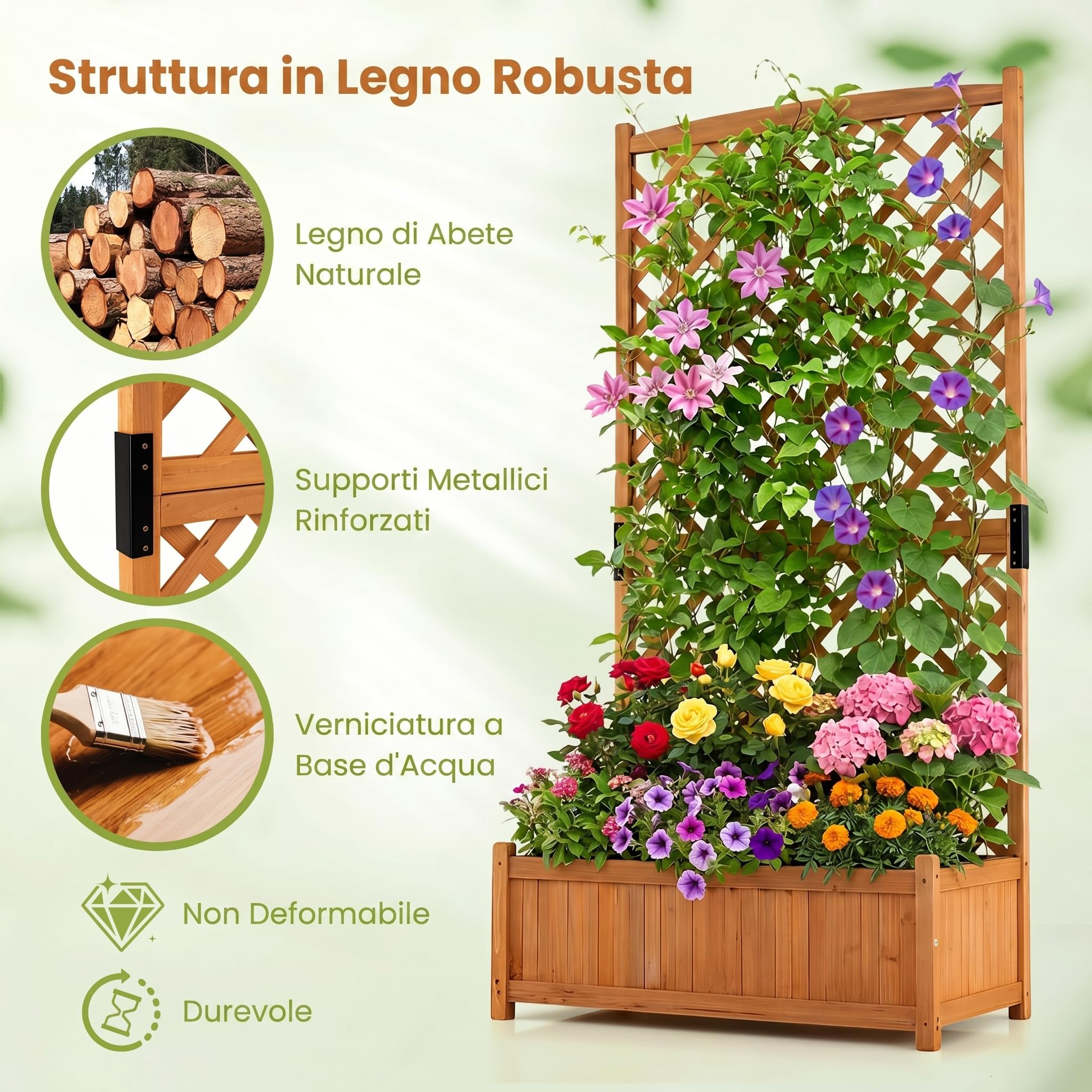 COSTWAY Fioriera da Esterno con Grigliato, Letto Rialzato in Legno con Traliccio e Fori di Drenaggio, Aiuola Rialzata per Piante Rampicanti e Fiori, 90 x 45 x 180,5 cm (Arancione)