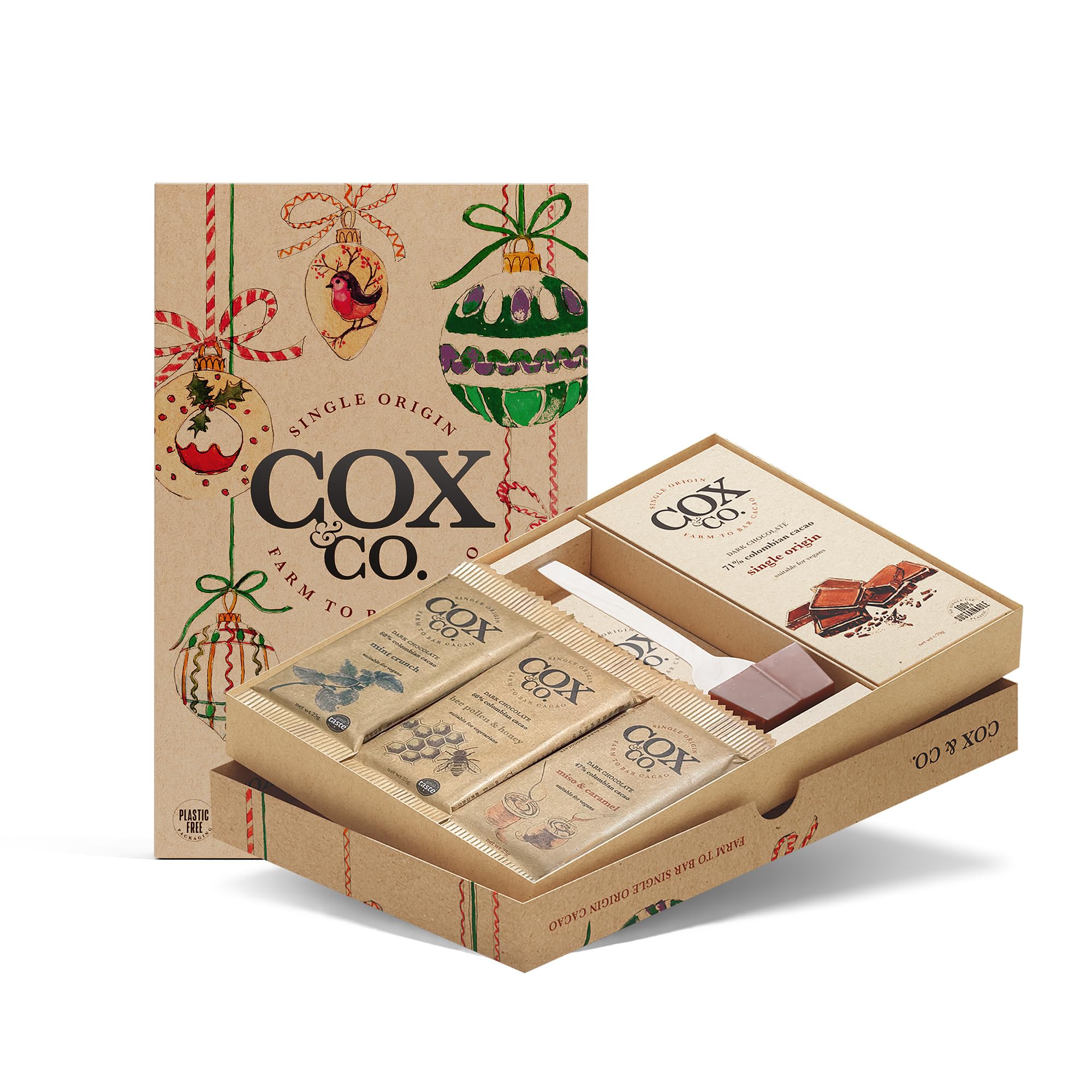 Cox&Co. Christmas Chocolates Gift Set - Luxury Dark Chocolate Selection Box with 4 x Dark Bars + 1 x Hot Chocolate Spoon - Hamper