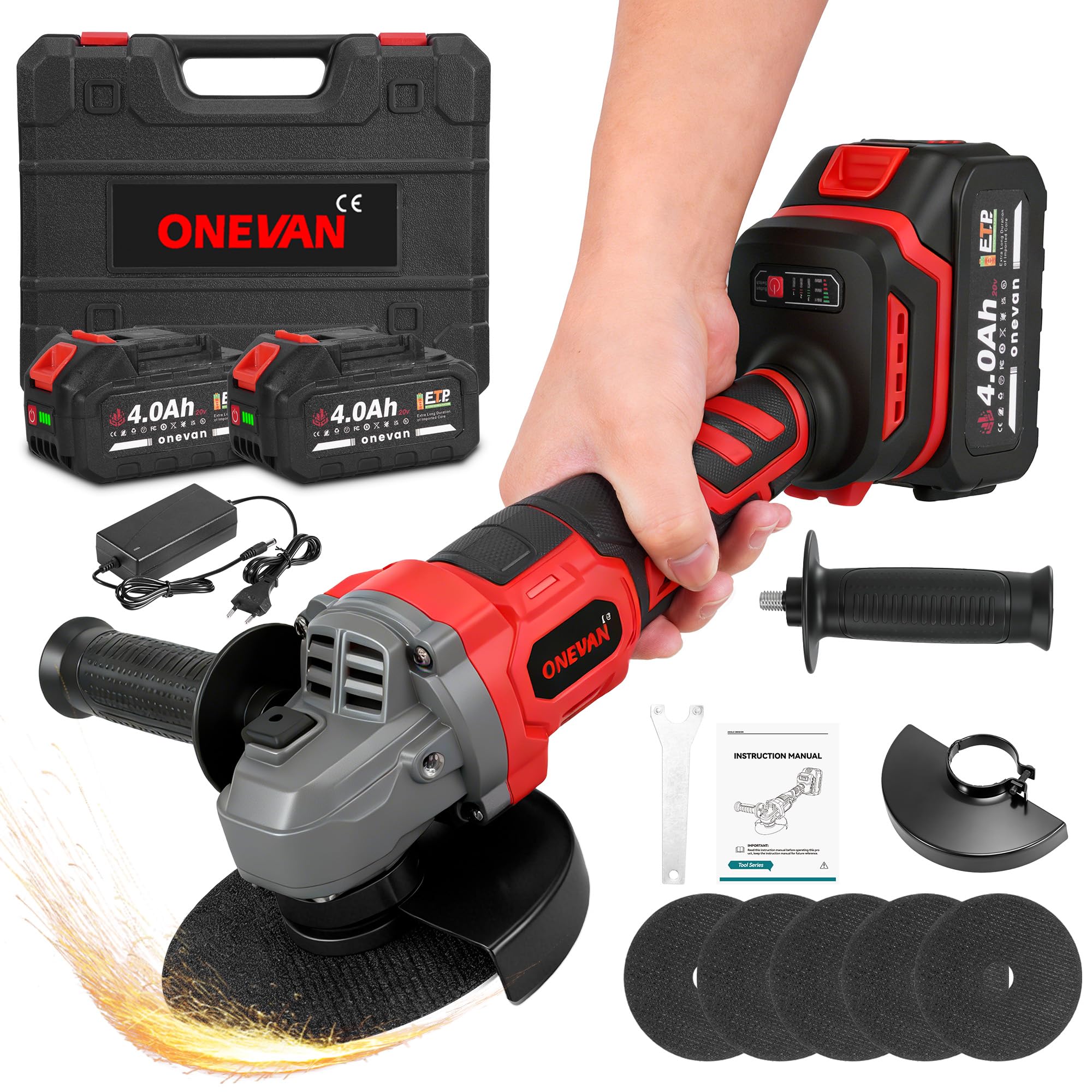 ONEVAN amoladora angular inalámbrica profesional 125mm 20V sin escobillas 4.0Ah batería doble, amoladora angular de 8000 RPM con tapa de cierre rápido, mango antivibración, juego de disco de corte