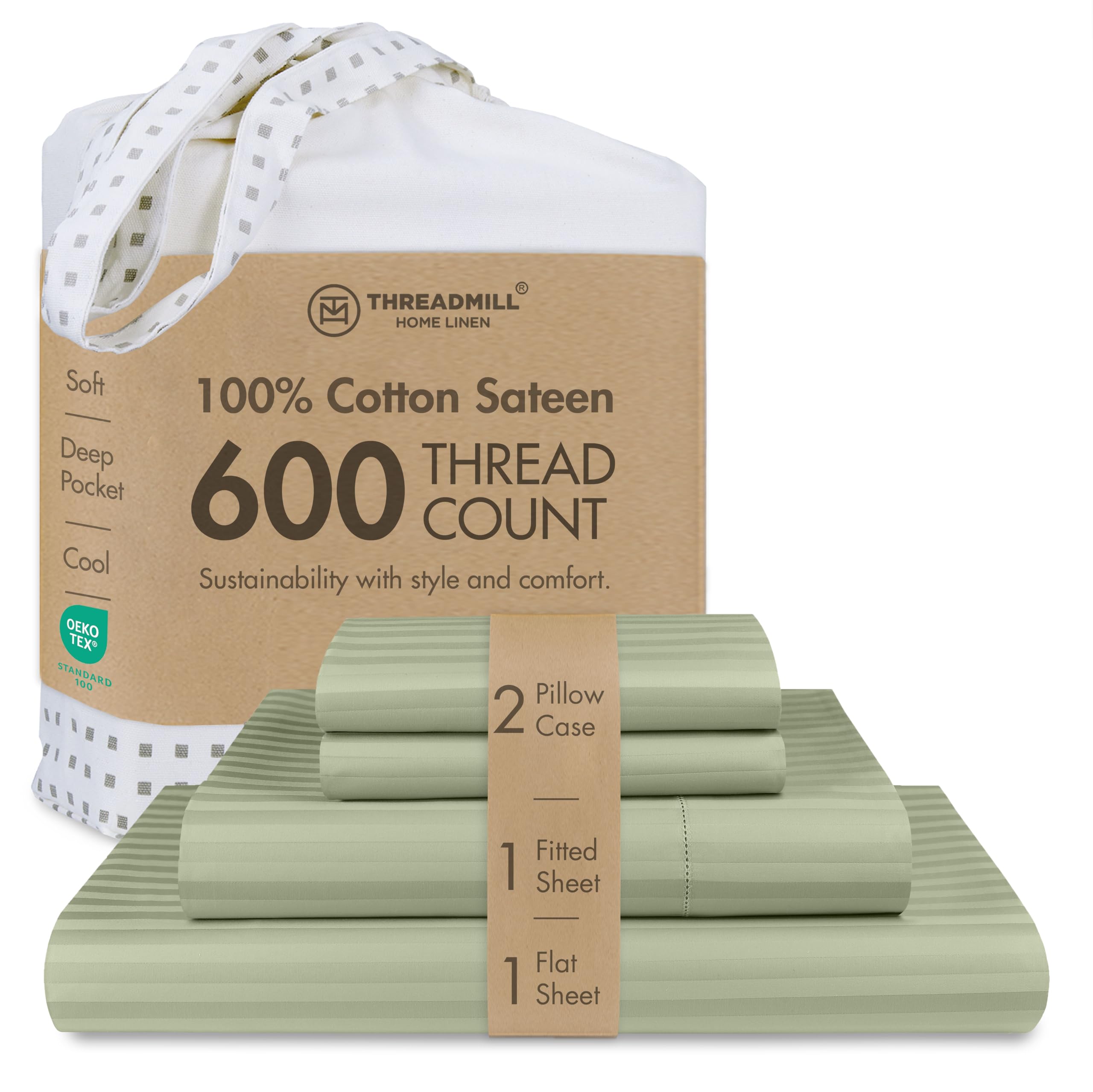 Threadmill 100% Cotton Sheets for King Size Bed - 600 Thread Count King Bed Sheets Set with 16” Deep Pocket - Damask Stripe Sateen Weave 4-Piece Bedding Set with Cooling Effect, Sage Green