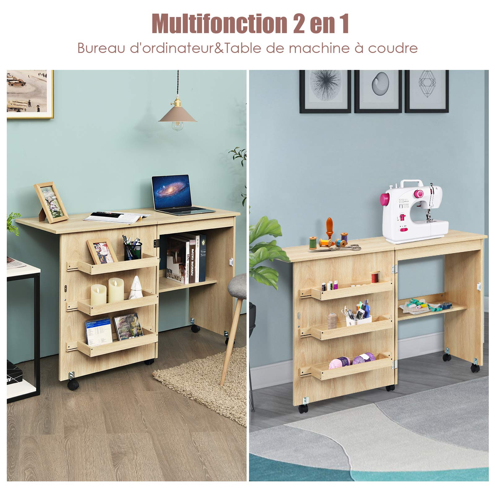 GOPLUS Meuble Couture Pliante,Table Couture avec 3 Étagères et 1 Plateau Machine à Coudre,2 en 1 Bureau Pliable avec 4 Roues, Bois Armoire Peu Encombrante pour Retoucherie,Salon,117x40x74CM,Brun Clair