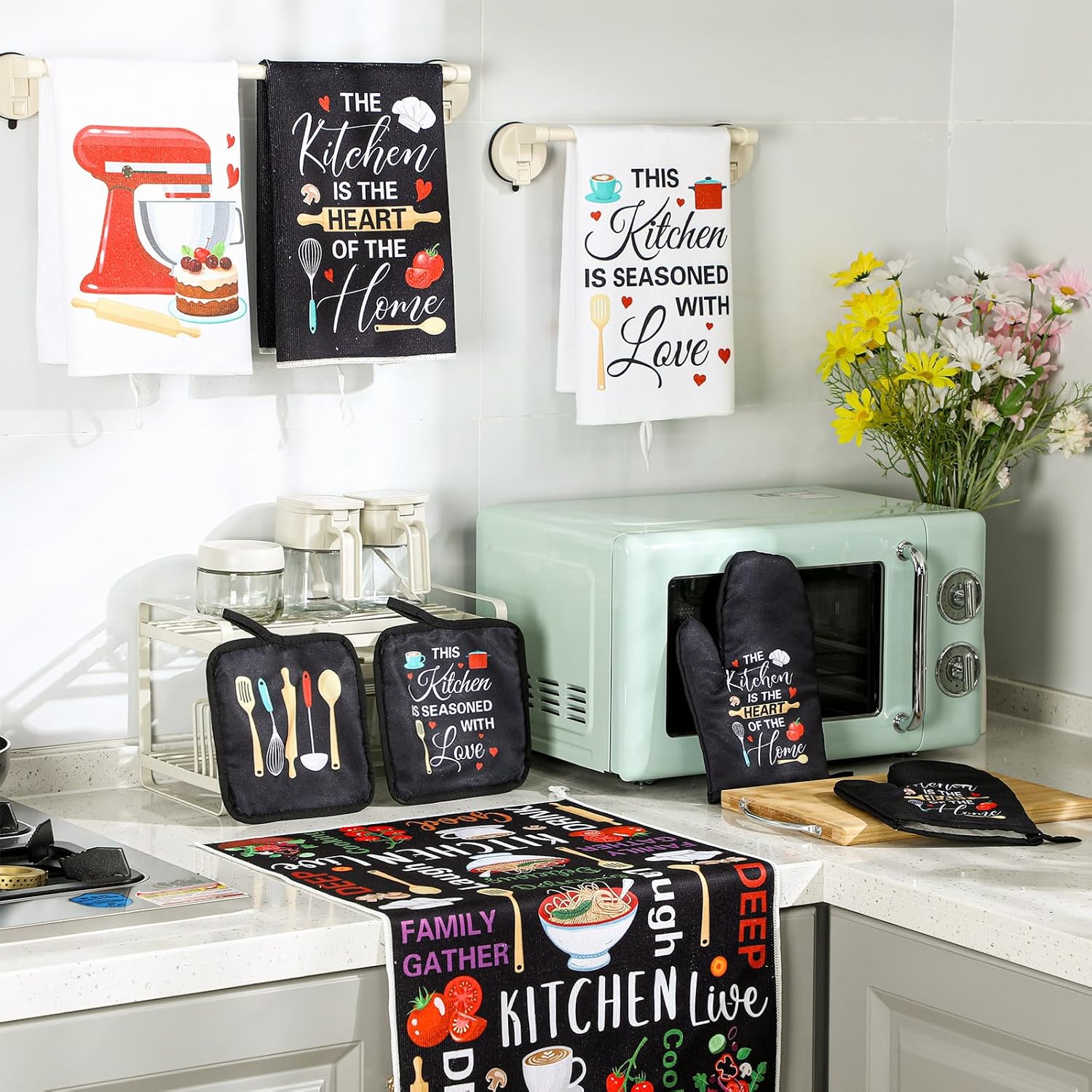 Leinuosen 8 Pcs Cuisine Kitchen Decor Accessories Set Farmhouse Towels Oven Mitts Pot Holders Dishcloths Set Kitchen Decorative Absorbent Gloves Potholders for Chef Baking Cooking - Image 7