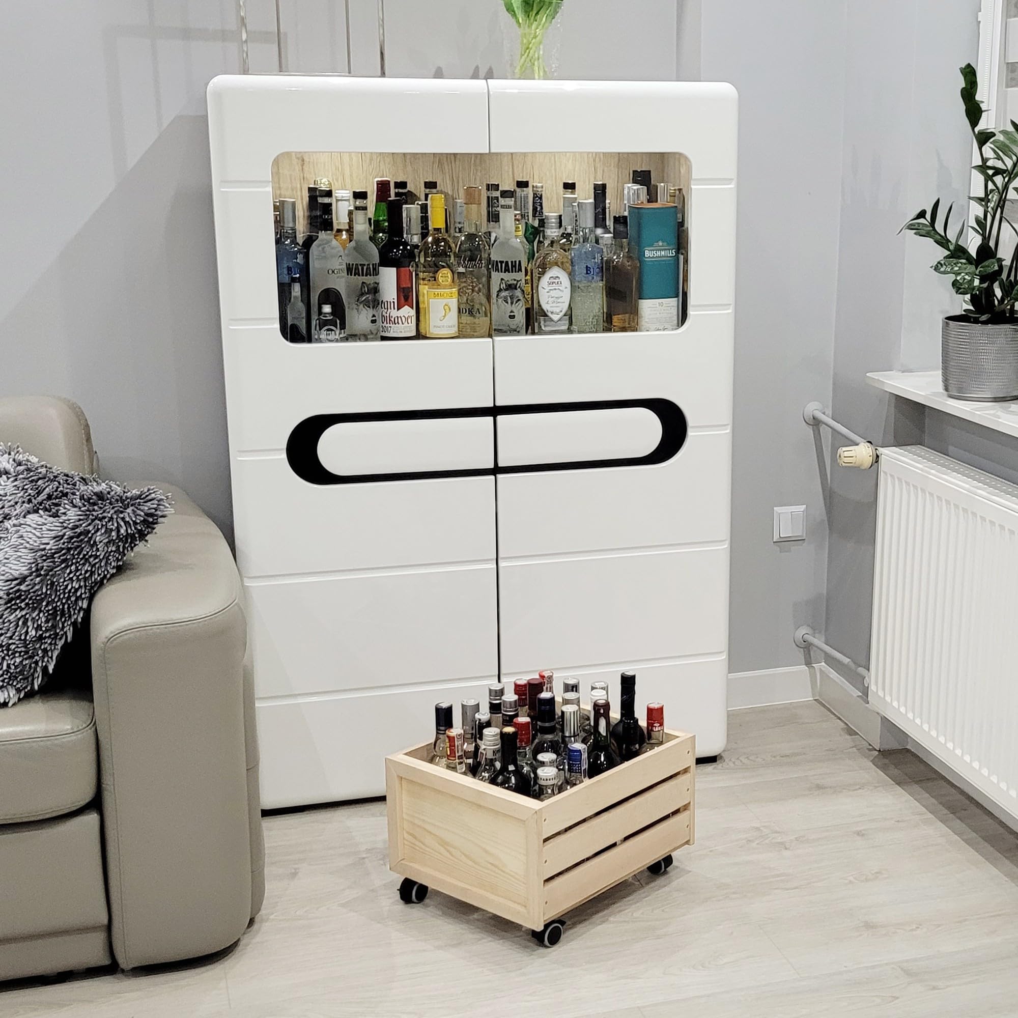 weeco Caisse en bois avec roues pour disques vinyle. Caisse en bois ajourée sur roues pivotantes pour livres, documents, bouteilles. Boîte de rangement en bois de hêtre - Construction solide