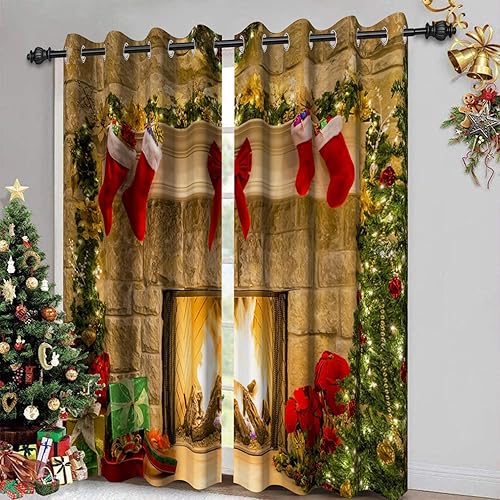 Miniatura 3 de Baocicco Adornos de Feliz Navidad, cortinas para ventana, chimenea, medias, árboles de Navidad, regalos, paneles opacos impresos, para sala de