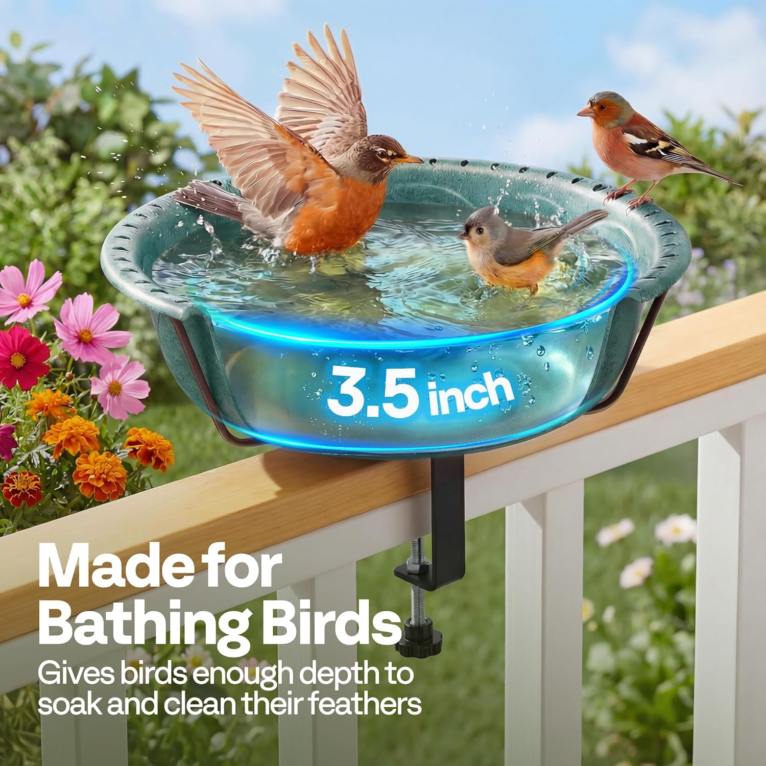VIVOHOME Deck Mounted Bird Bath for Outside, Weather-Resistant ABS Bird Bath and Feeder with Adjustable Metal Clamp for Railing, Fence, Balcony, 1.45 Gallons, Green