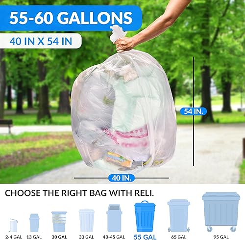 Miniatura 2 de Reli. Bolsas de basura Easy Grab de 55 a 60 galones (150 unidades) (transparentes) – Rollos de alta densidad con sello de estrella – Revestimientos
